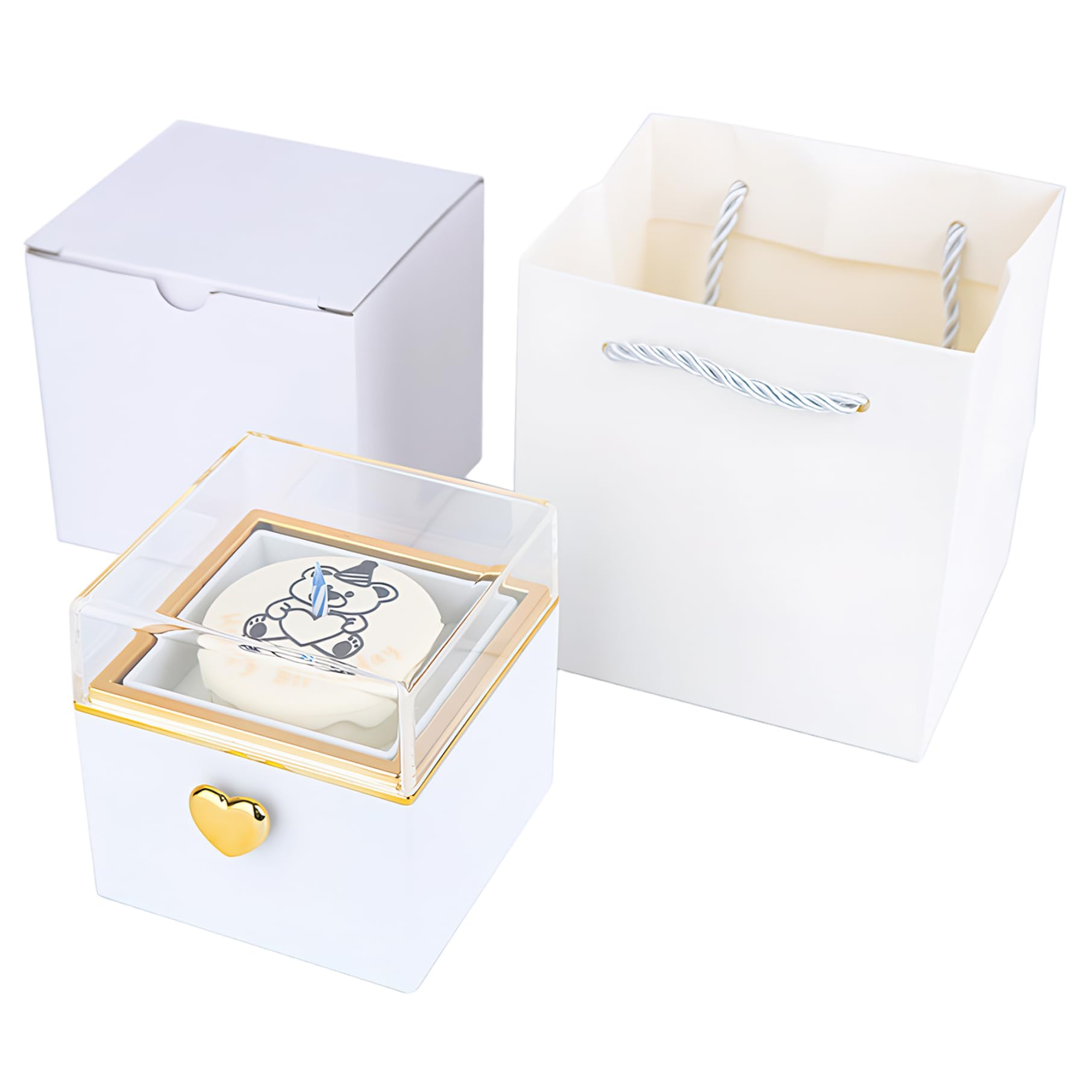 Boîte à bagues rotative automatique pour écrin bijoux blanc
