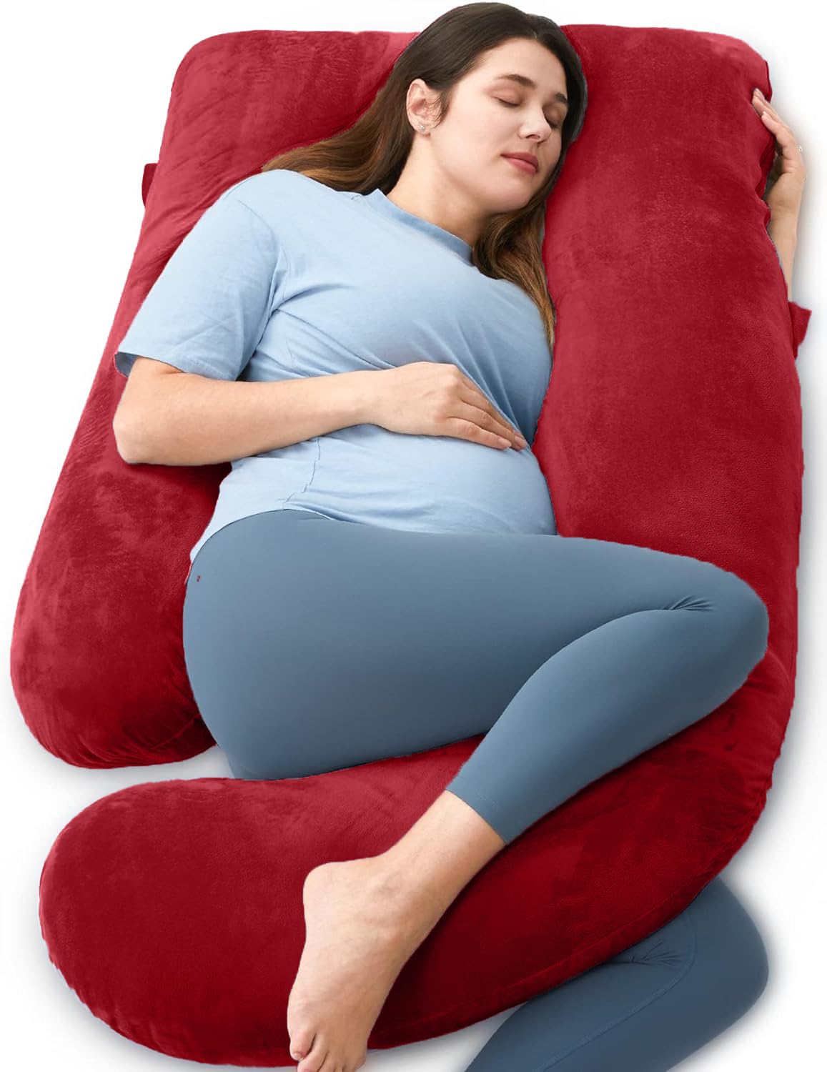 G Shaped Pregnancy Pillow for Maternity & Nursing - Full Body Support for - Removable Soft Velvet Cover - Ultra-Soft Fibres - Ideal Baby Shower Gift & Sleep Relief (Red)-image-49