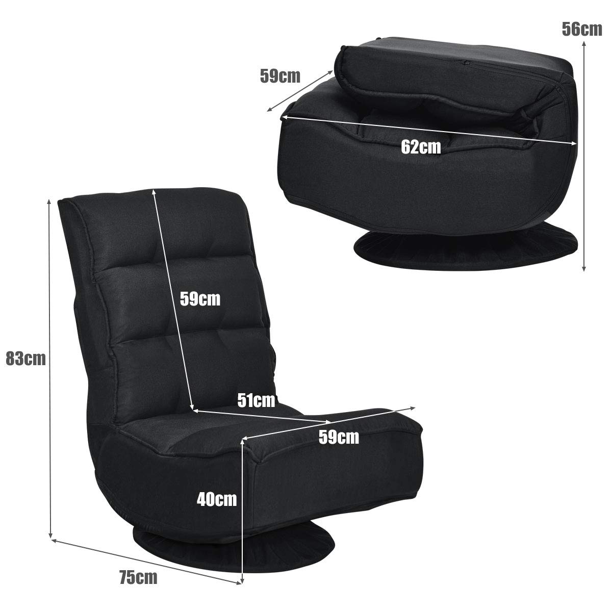 LIFEZEAL Silla de Suelo giratoria 360°, Silla de sofá Ajustable de 5 Posiciones, Plegable con Respaldo Ajustable, sin Reposabrazos, soporta hasta 151 kg (Negro)