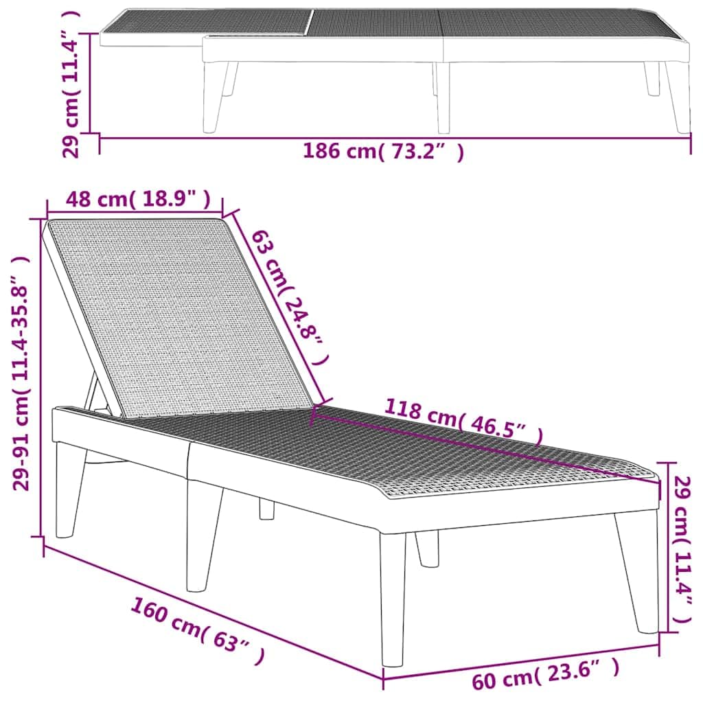 Leżak antracytowy, 186 x 60 x 29 cm, wykonany z wytrzymałego polipropylenu (PP), z regulowanym oparciem, idealny do ogrodu, na balkon, taras, plażę, basen, wellness, kemping, urlop, relaks