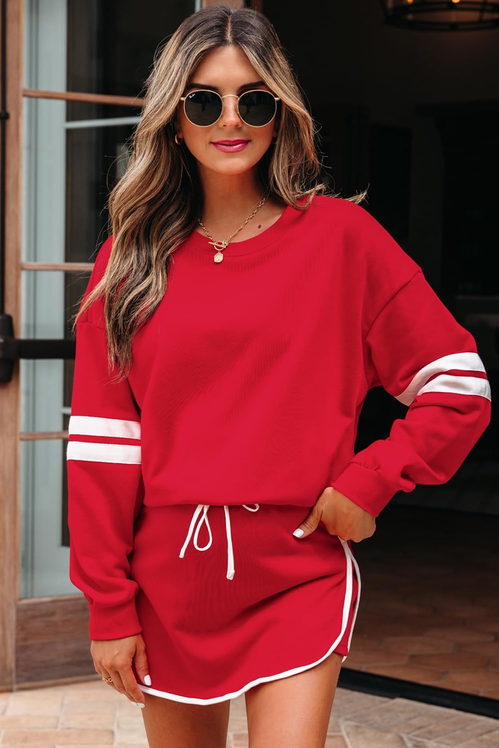 Womens 2 Piece Sets Casual Stripes Drop Shoulder Long Sleeve Tops and Matching Drawstring Skort Lounge Outfits