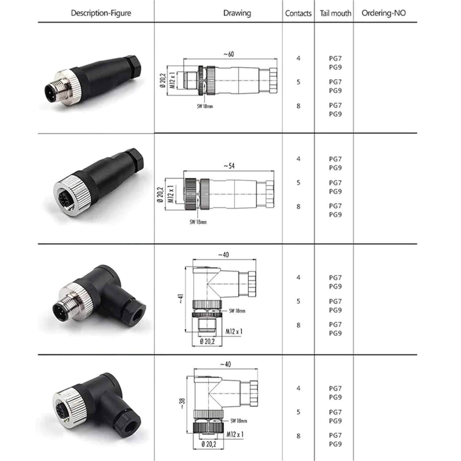 1Pcs M12-PG7 PG9 Socket Connector 3 4 5 8 Pin Straight Bent Male Female Screw Threaded Coupling(PG7 Male Bent,8 Pin)