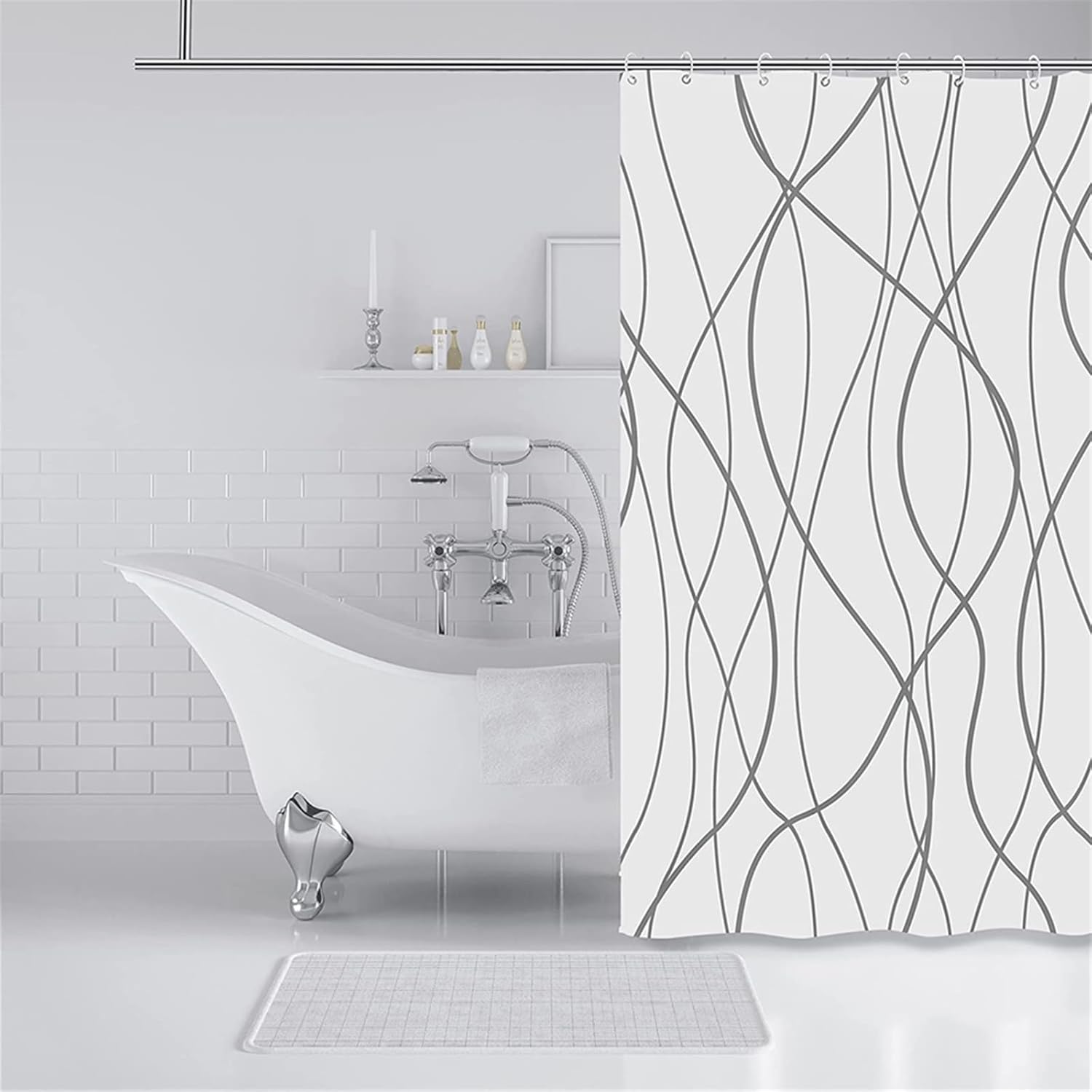 Shower Curtain Liner Grey and White Stripes Fabric with Hook Shower Curtain Waterproof Bathroom Decorative