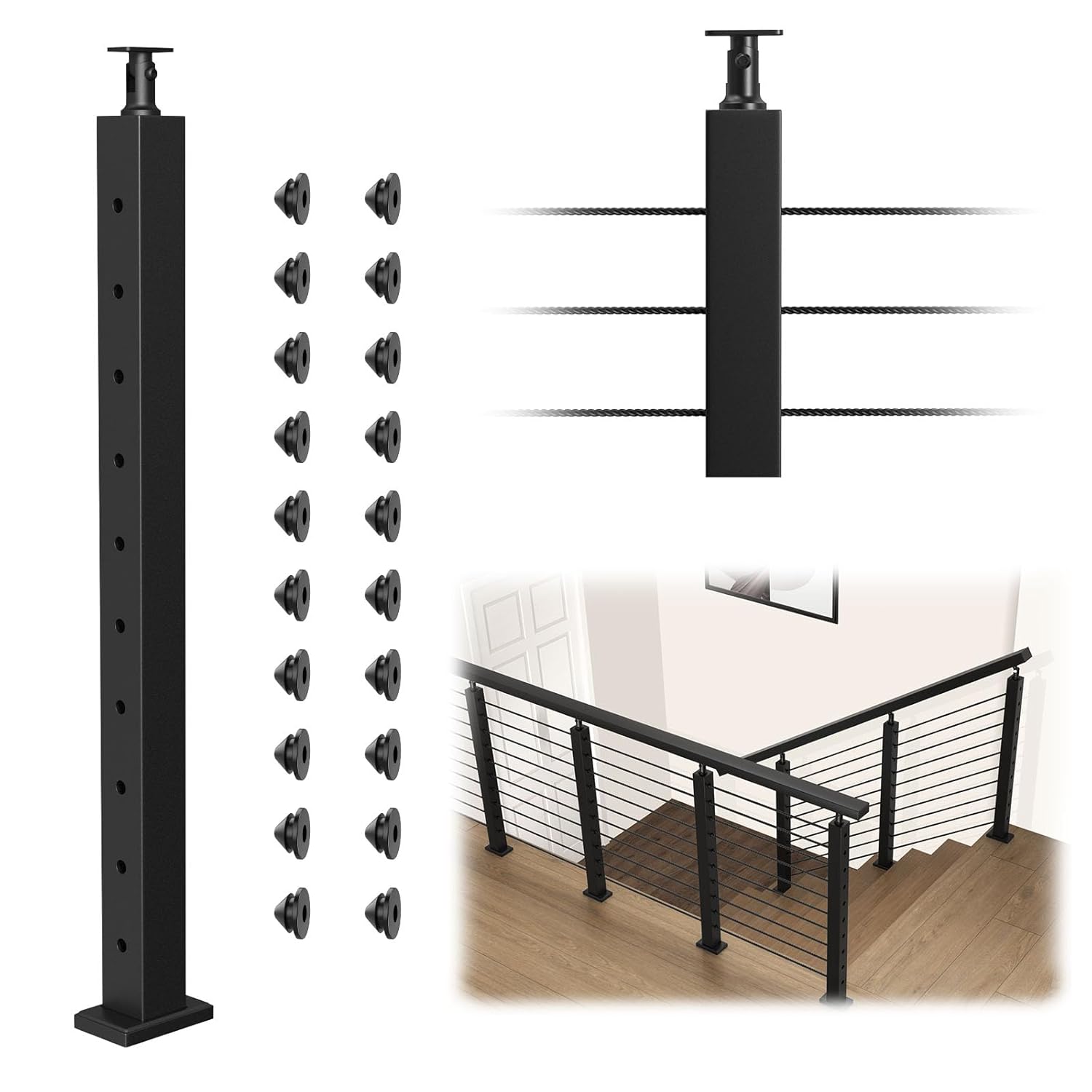 BLIKA Stair Railing Post, 36"x2"x2", Angle Line for Cable Railing Kit, Fits 25-35 Degrees Stairway, Adjustable Top, Matte Black Stainless Steel Terminal