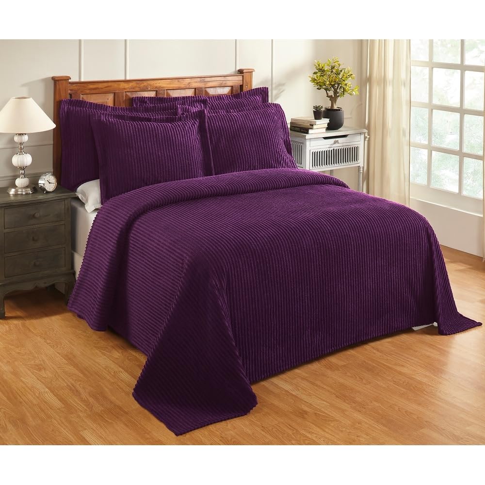 2 Piece Elegant 100% Cotton Tufted Chenille Bedspread Twin Size Heirloom Quality in Stripe Design | All Seasons Purple Plum Color Western Bedding Aesthetic Look Soft Plush Cozy Feel