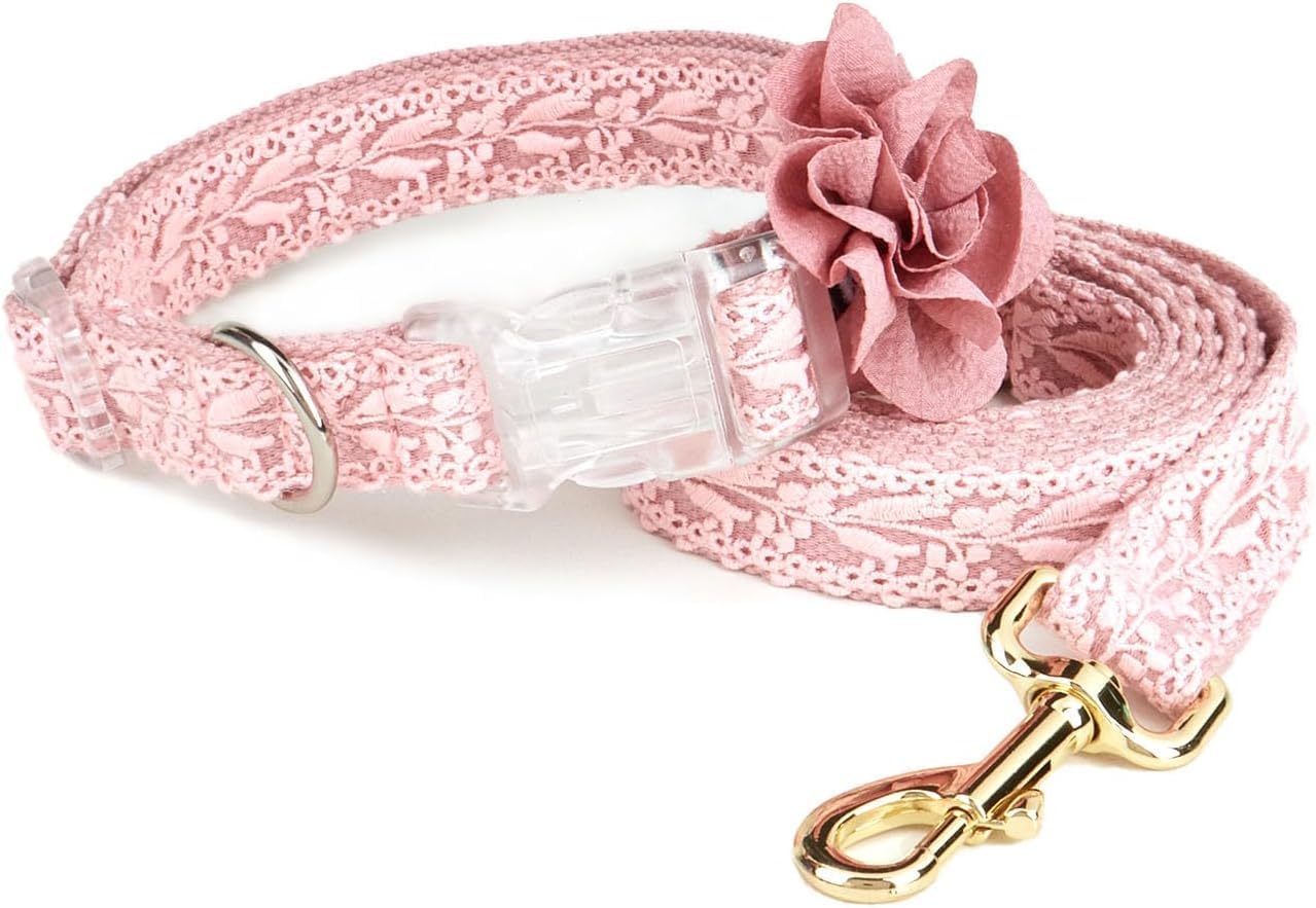 obroża dla zwierząt, Zestaw obroży i smyczy dla psa z koronki Bawełniana obroża szczeniaka Ręcznie haftowana kwiatkiem(Pink,S)