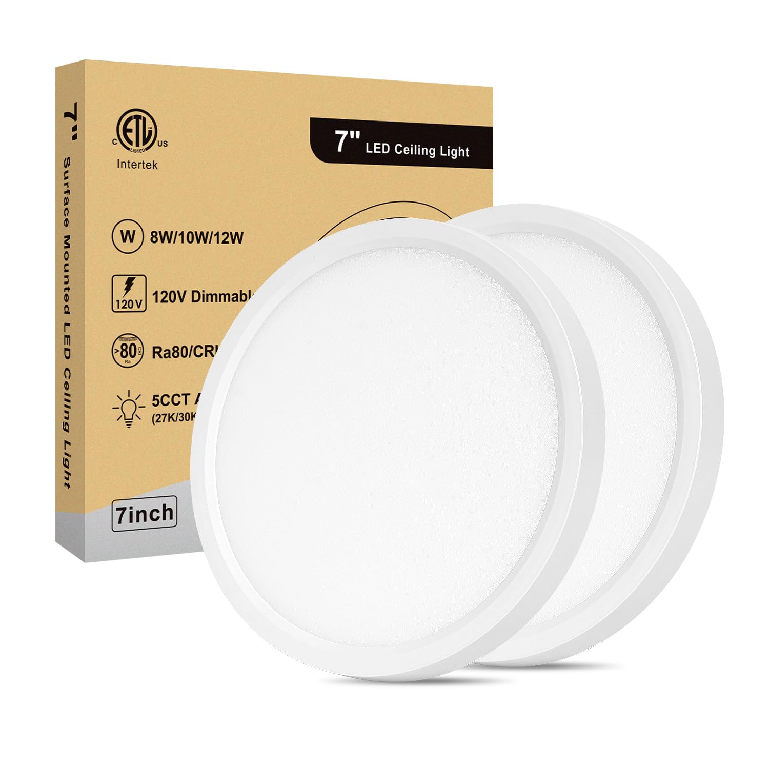 Wembanma LED Flush Mount Ceiling Light - 7 Inch, Dimmable and 5CCT 8W/10W/12W Selectable, 100W Equivalent Incandescent Modern Kitchen Recessed Ceiling Lamp for Closet, Laundry, 7 Inch 2Pack White — image 1