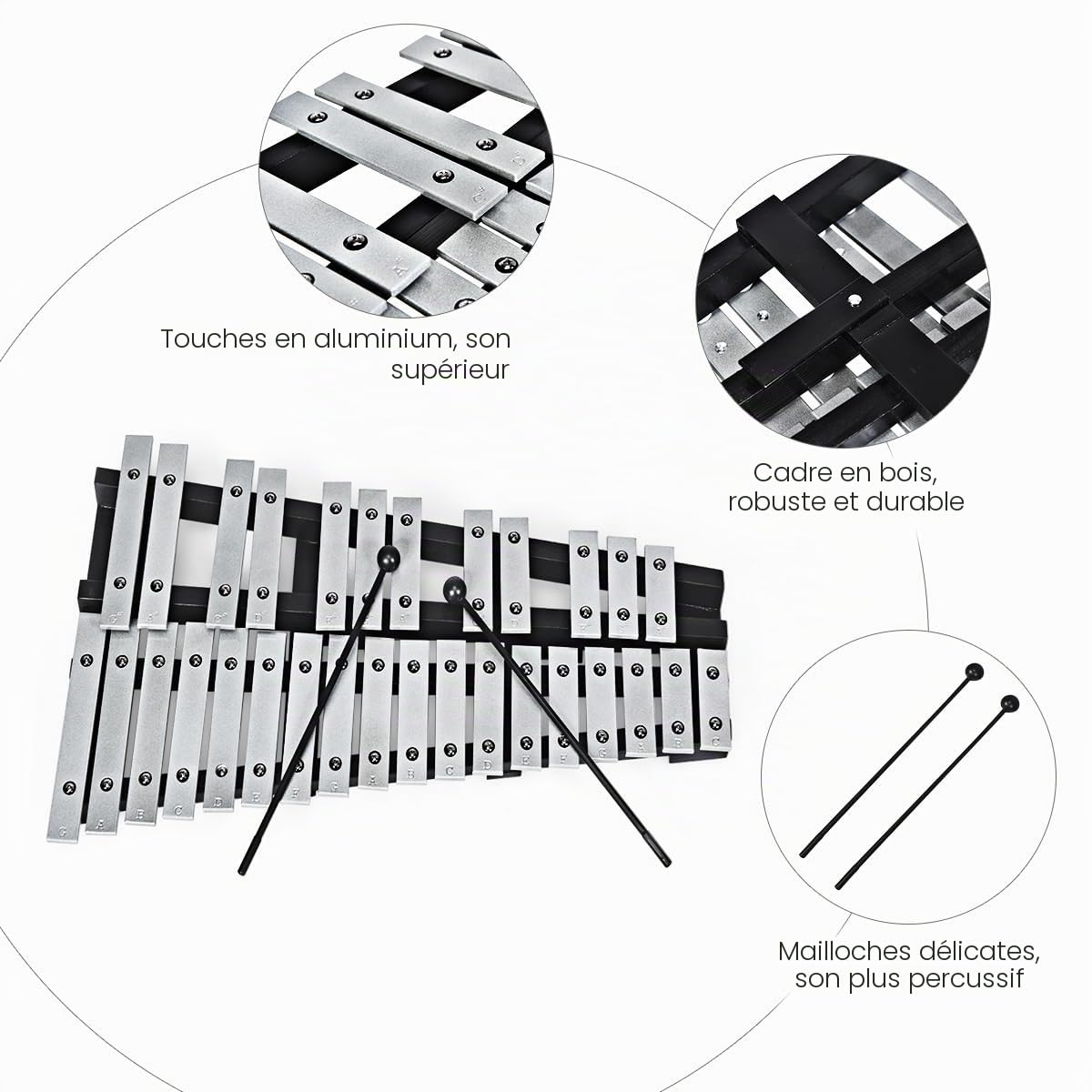 KOMFOTTEU Xylophone de 30 notes, instrument de percussion avec touches en aluminium et 2 maillets, carillon enfant avec sac de transport, instrument de musique pour enfants et adultes