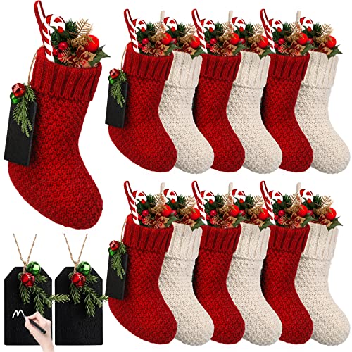 Zubebe 12 Pieces Christmas Mini Stockings Knitted Xmas Stocking Rustic with 12 Pieces Name Tags Family Xmas Fireplace Hanging Stockings Holiday Decorations Stockings (Red and White)