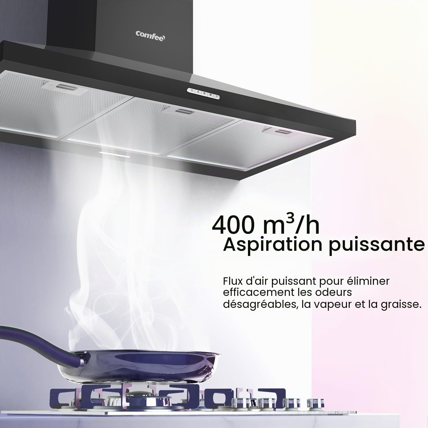 COMFEE Hotte aspirante 90 cm PYRA17B-90 noire pour hotte de cuisine avec LED, système de recirculation et canalisation et filtres à charbon