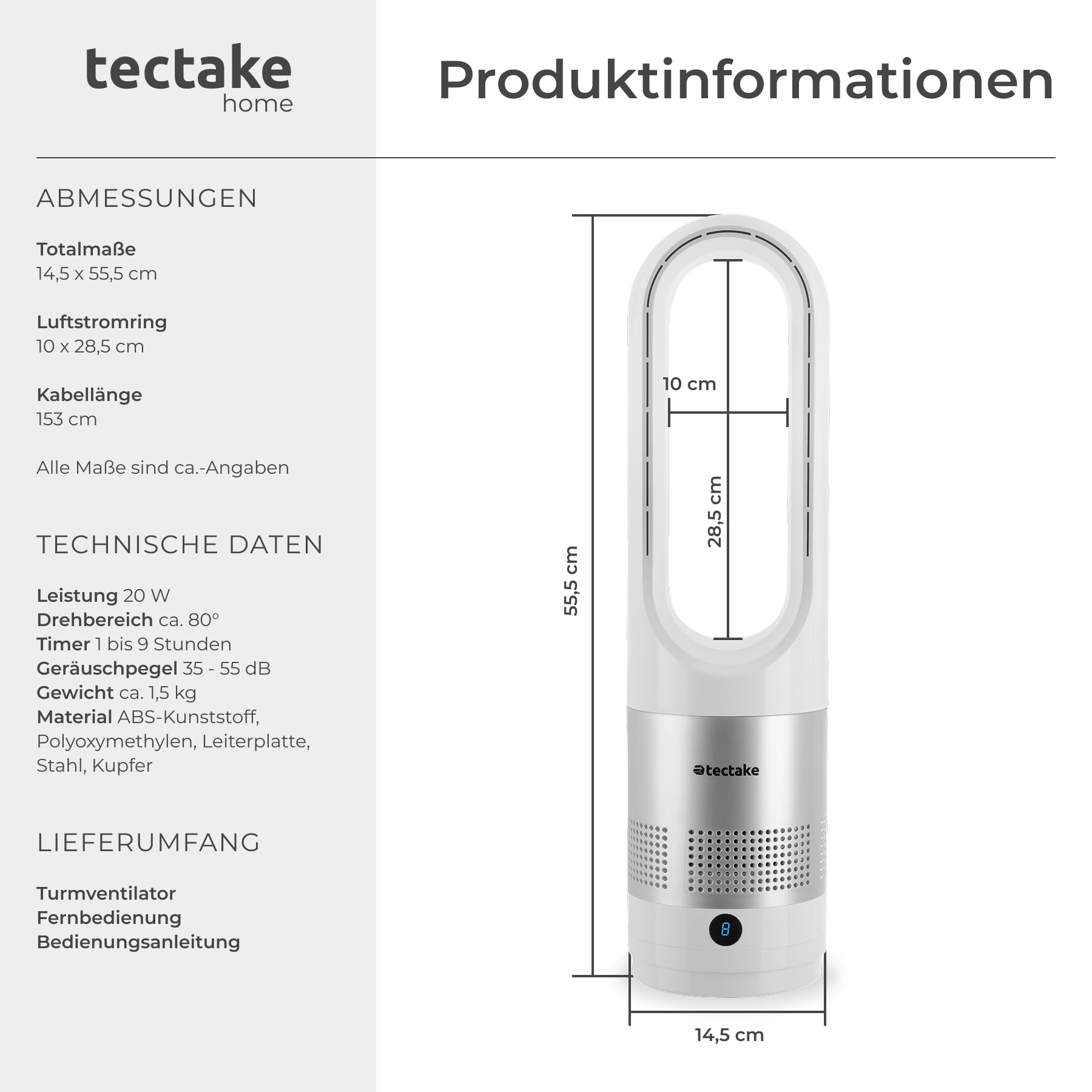 tectake® rotorloser Ventilator mit Fernbedienung, Turmventilator, cooling ace Lüfter, Luftkühler, mobiles Klimagerät, Standventilator sehr leise für Schlafzimmer geeignet, Tower Fan, Air Cooler - weiß