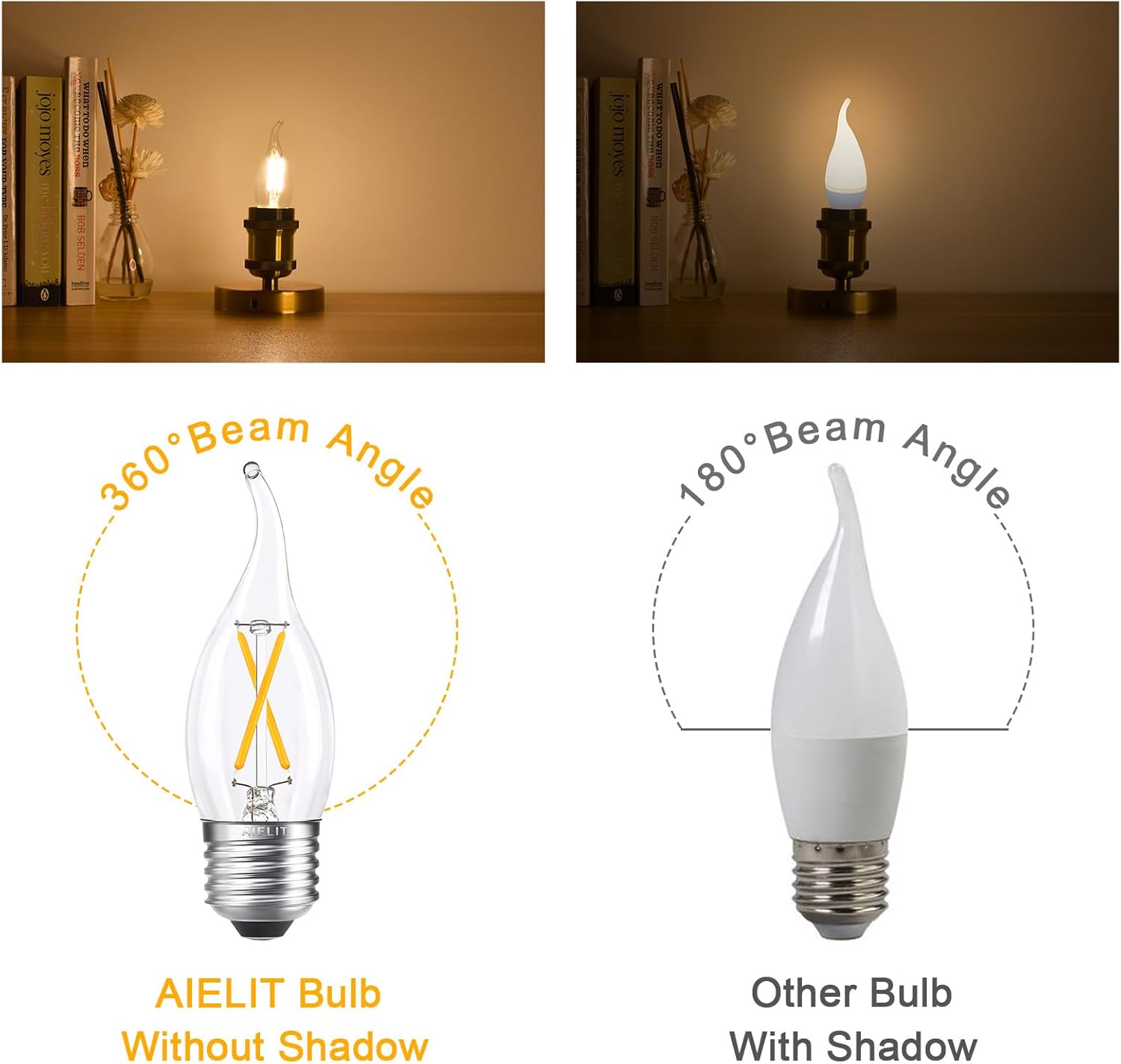 25W Equivalent E26 LED Bulb, Dimmable E26 Candelabra Light Bulbs, Energy Efficient 2W, Warm White 2700K, 200lm Flame Tip CA10 LED Candle Bulb for Pendant Chandeliers Wall sconces, 8 Pack