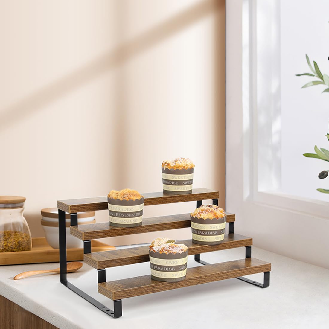 BYCY Wooden Display Risers, 4-Tier Display Stand for Home Decor and Organize, Tiered Countertop Display Shelf for Figures , Makeup,Cupcake , Condiment and Dolls Collection (4 Tier-2.2in)