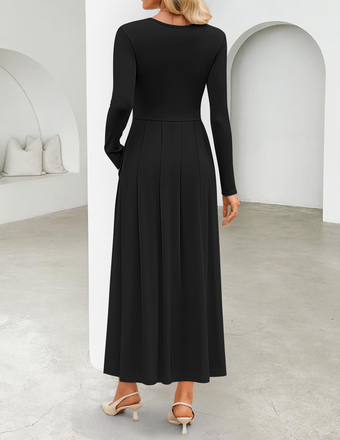 ZESICA Women's Elegant Long Sleeve Maxi Dress 2026 Spring Crewneck Knit High Waist Pleated Flowy A Line Casual Party Dresses - Image 4