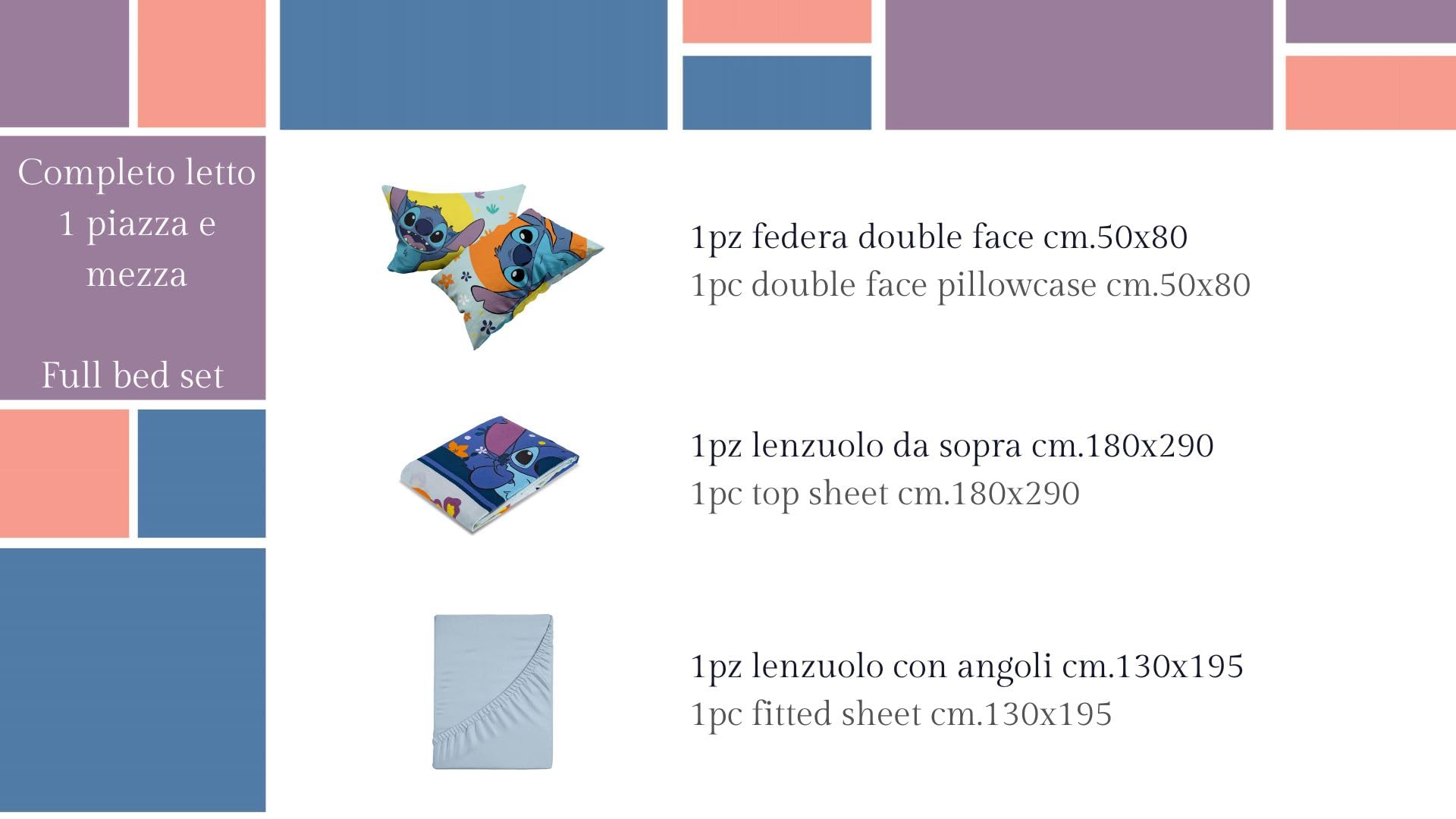 Stitch komplet pościeli Disneya Queen size, prześcieradło wierzchnie, prześcieradło wierzchnie, prześcieradło, poszewka na poduszkę, jasnoniebieski, Disney, 100% bawełna, oficjalny produkt