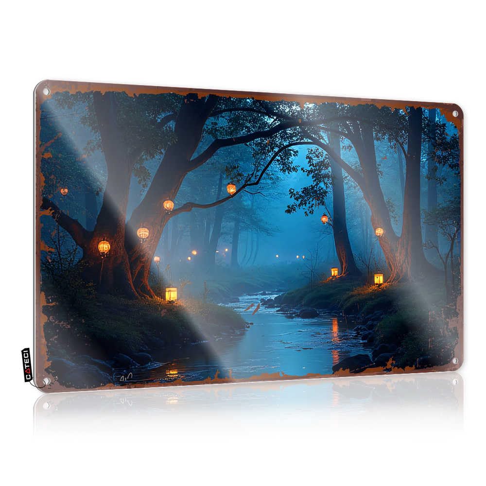 Fzfn Colour Sign Vintage Bathroom Sets Nice Enchanted Forest Pathway With Glowing Lanterns By The Stream - Vintage Wall Decor For Camping(30X40cm)