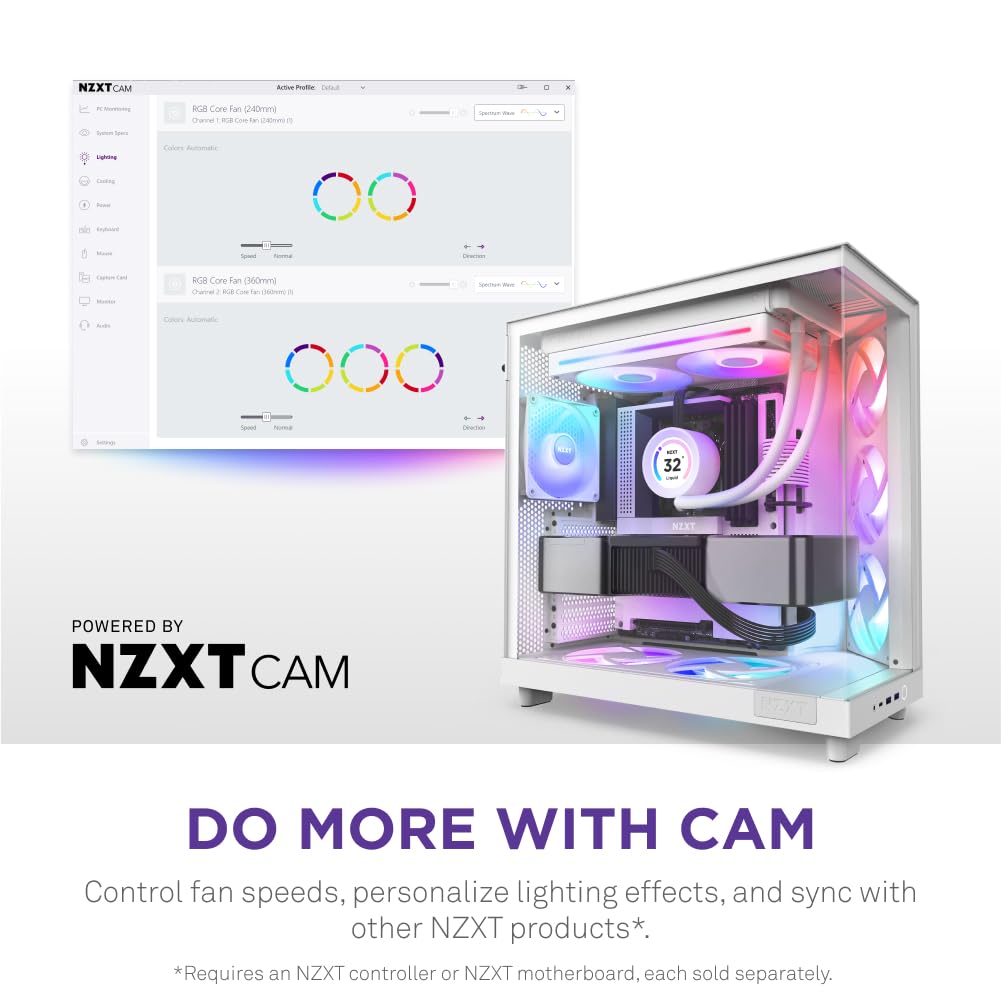 NZXT F280 RGB Core - Wentylator RGB single-frame 280mm - Biały | Zestaw single-frame 280mm z dwoma wentylatorami RGB 140mm na jednym kablu. Prędkość i podświetlenie sterowane przez CAM.