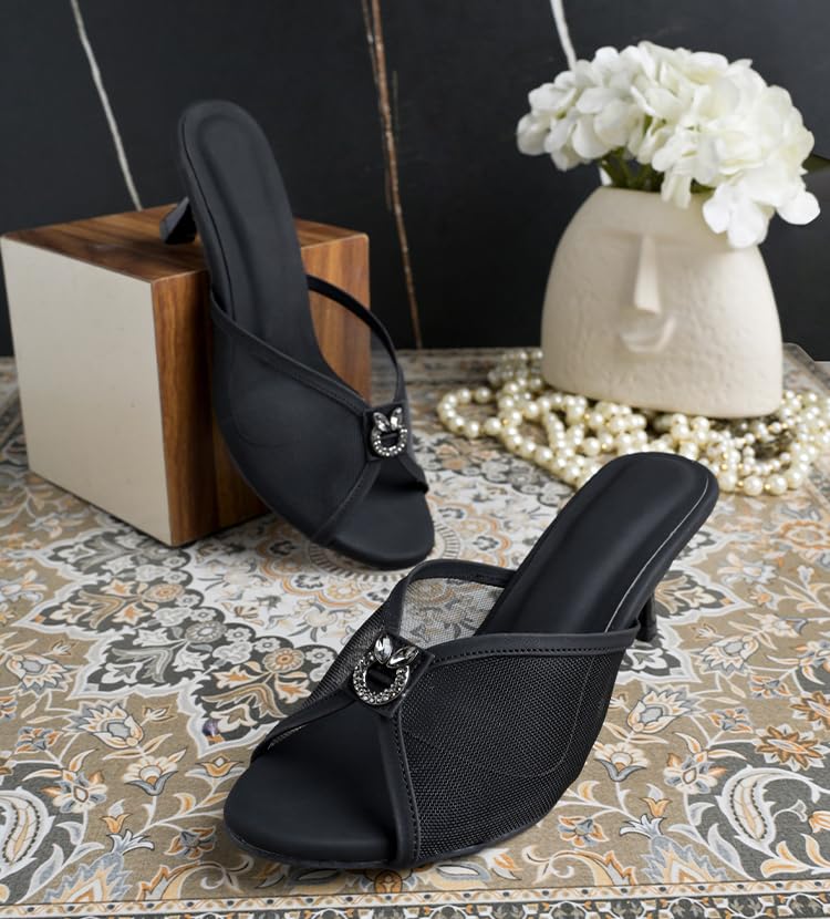 Image of Froh Feet Women's Kitten Heel Embllished Mash sandals 2 Inch Chunky Heels Mules Peep Open Toe Slip On Summer Sandal