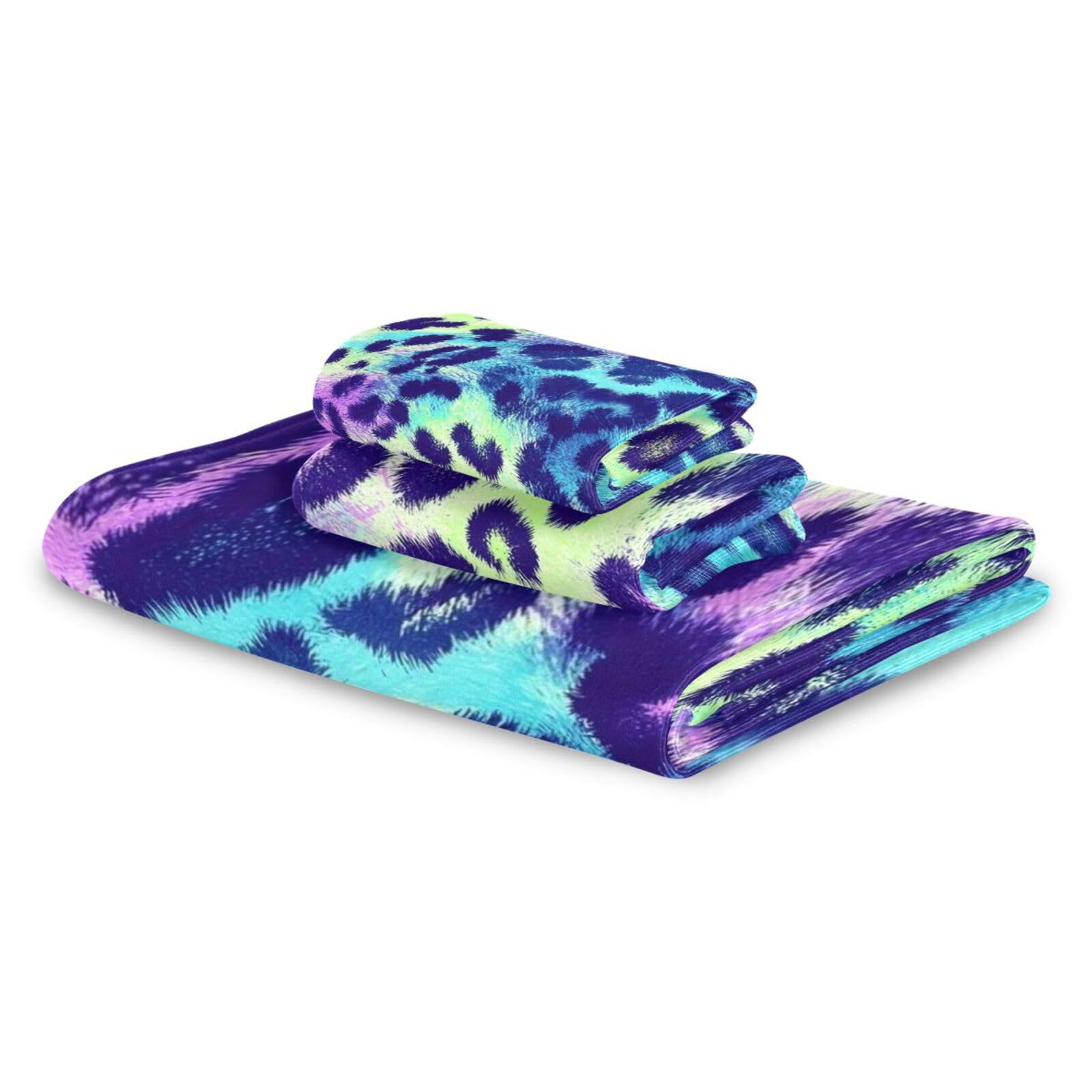 Set di 3 asciugamani colorati con stampa leopardata psichedelica decorativa, 1 asciugamano da bagno, 1 asciugamano per mani, 1 panno per spiaggia, capelli, viso, palestra, nuoto, cucina