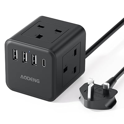 5M Extension Lead with 4 USB Slots, 4 Way (13A/3250W) Multi Plug Extension Cable, UK Desktop Power Extension Cord with Multi Socket, Extension Cable