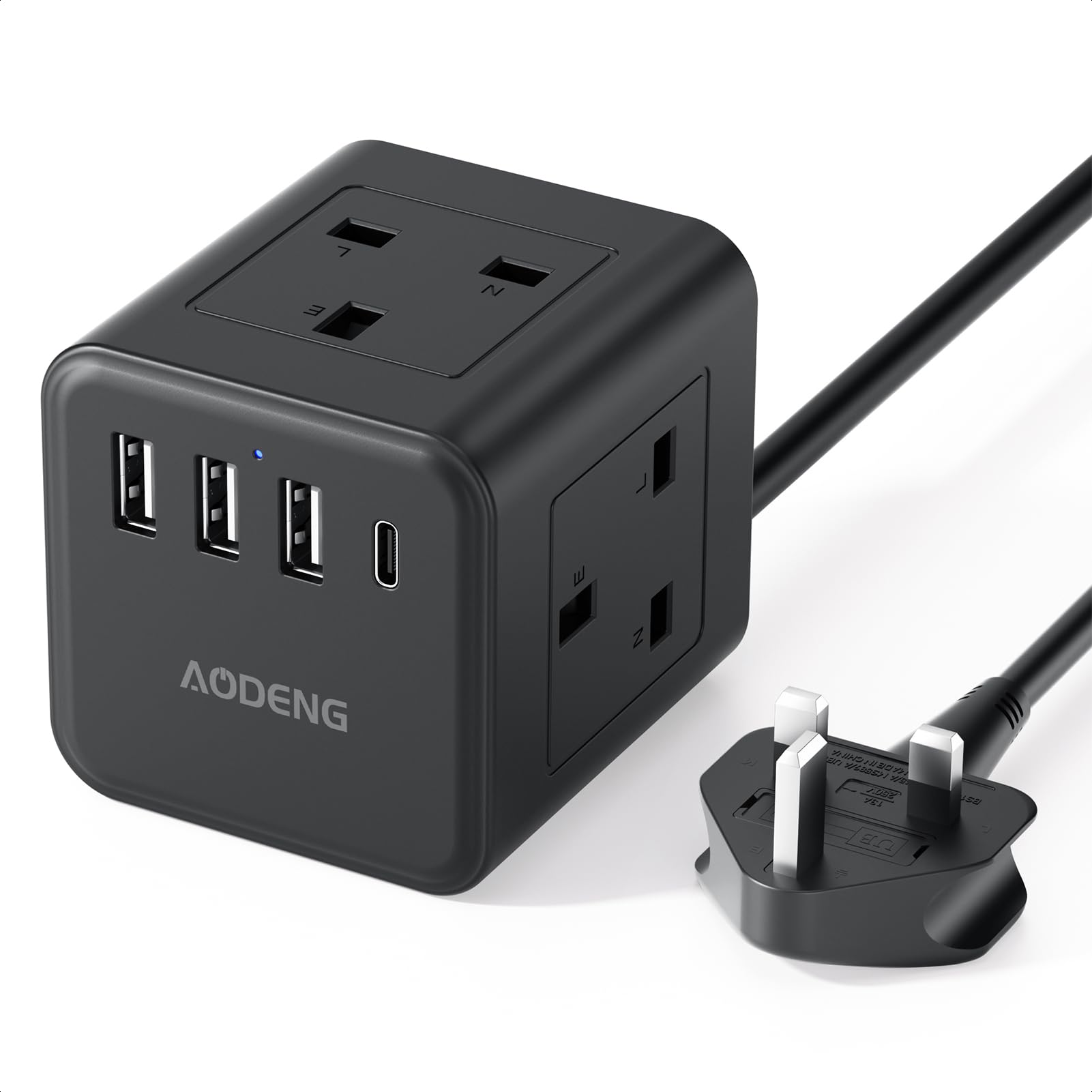 5M Extension Lead with 4 USB Slots, 4 Way (13A/3250W) Multi Plug Extension Cable, UK Desktop Power Extension Cord with Multi Socket, Extension Cable