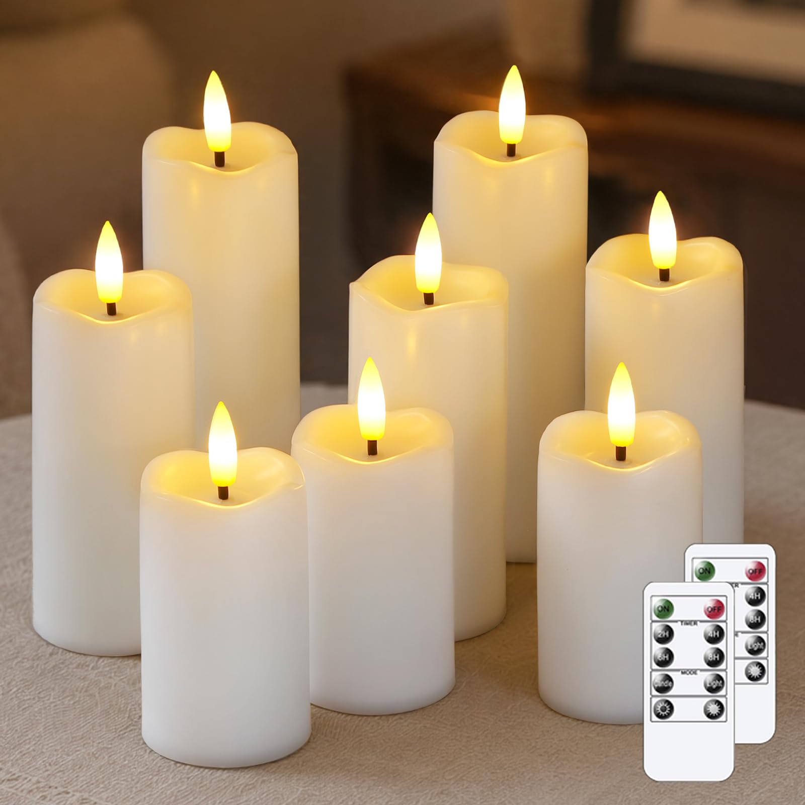 Mavandes Pack of 8 Flameless Flickering Bulk LED Candles with 2 Remote and Cycle Timer, 5.3cm x 11cm 14cm 17cm White Battery Operated Plastic 3D Wick Long Lasting 500 Hrs Pillar Candles