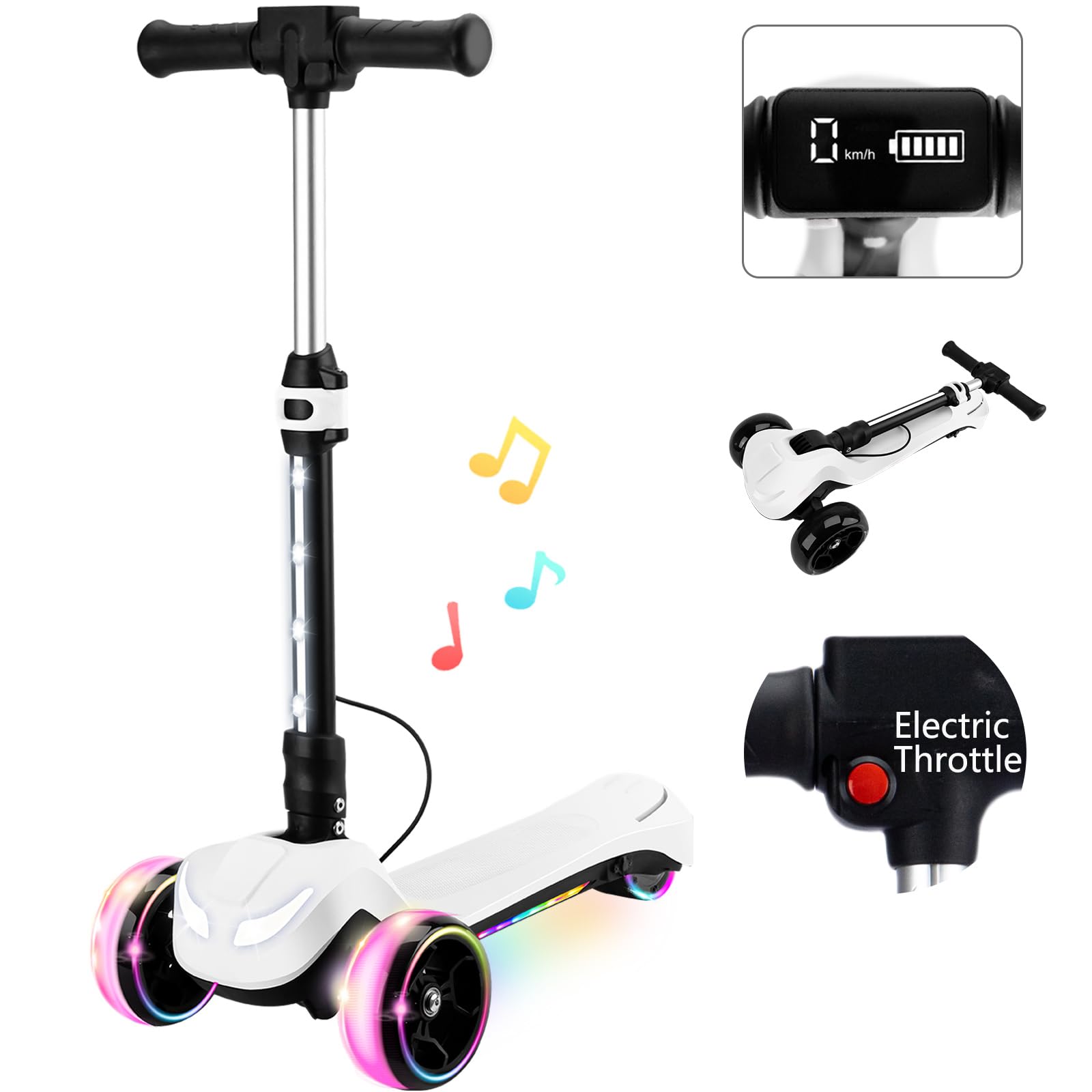 24V Electric Scooter for Kids w/150W Powerful Motor, Thumb Throttle, LCD Screen, Bluetooth, Light-Up Stem Deck & Wheel, 3 Adjustable Heights, 5MPH Safe Speed, 3 Wheel Electric Scooter for Kids, White