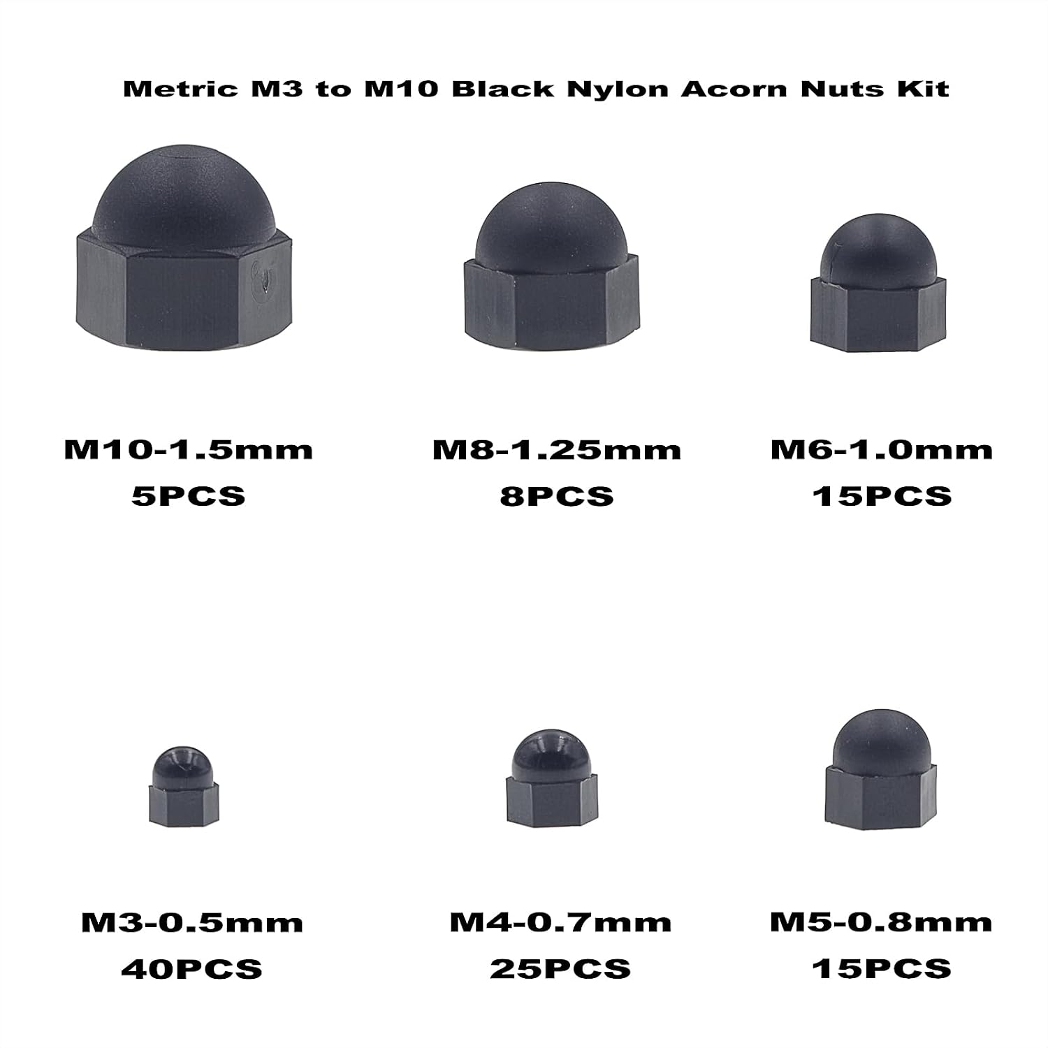Metric Black Nylon Acorn Hex Cap Nuts Kit, M3 M4 M5 M6 M8 M10