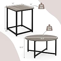 Vista 3 de COSTWAY Coffee Table Set of 3, Wood Grain Round Coffee Table and 2 Square End Side Tables with Metal Frame, Modern 3-Piece Living Room Tables Set