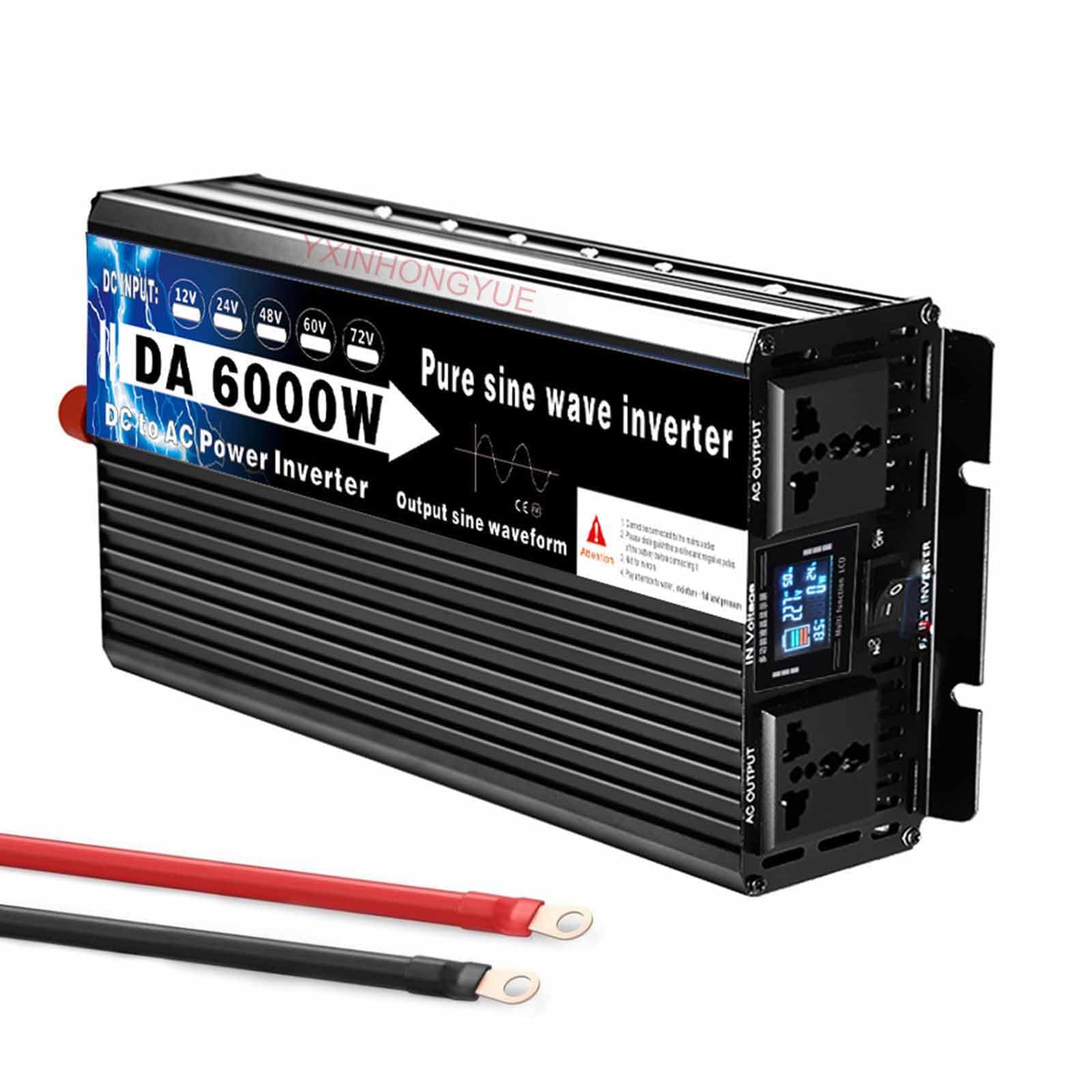 Inversor de Onda Senoidal Pura de 6000 Vatios para Actividades al Aire Libre Emergencias DC 12V-72V a AC 110V 60Hz con 2 Enchufes AC, Inversor de Energía Solar para Coche