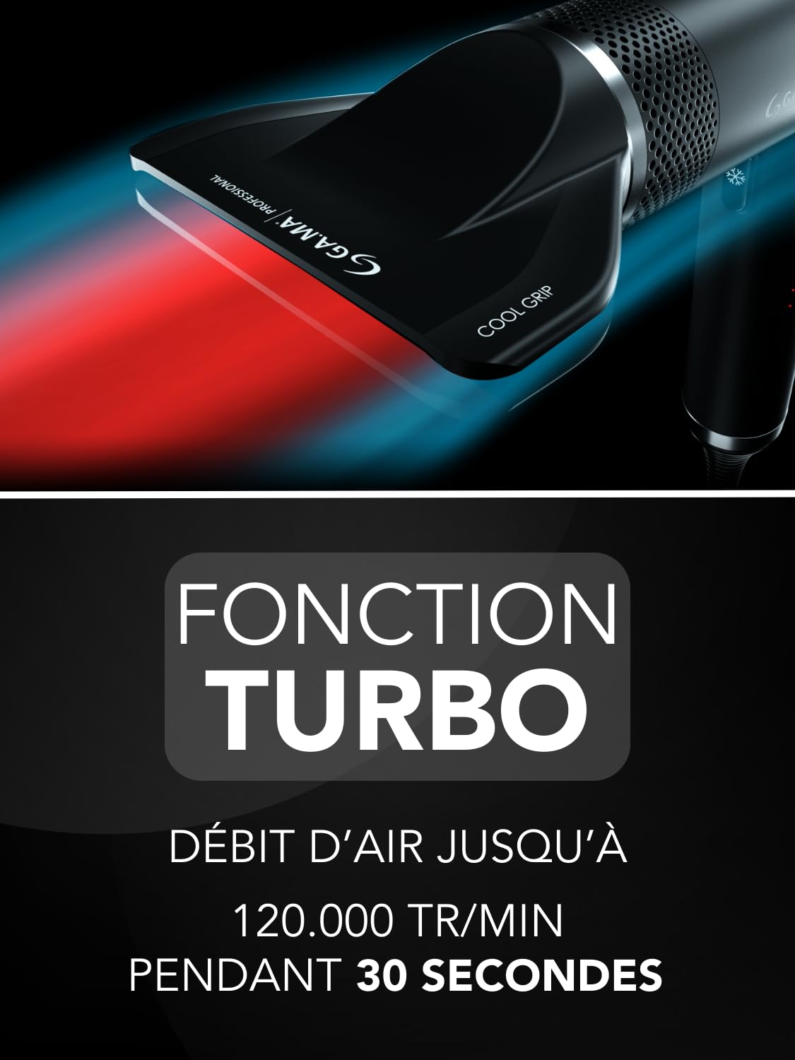 GA.MA Italy Professional, iQ3 Perfect, sèche-cheveux ultraléger avec moteur sans balais de 110 000 tr/min, technologie Stand-by et fonction Turbo, puissance 1600 W, noir