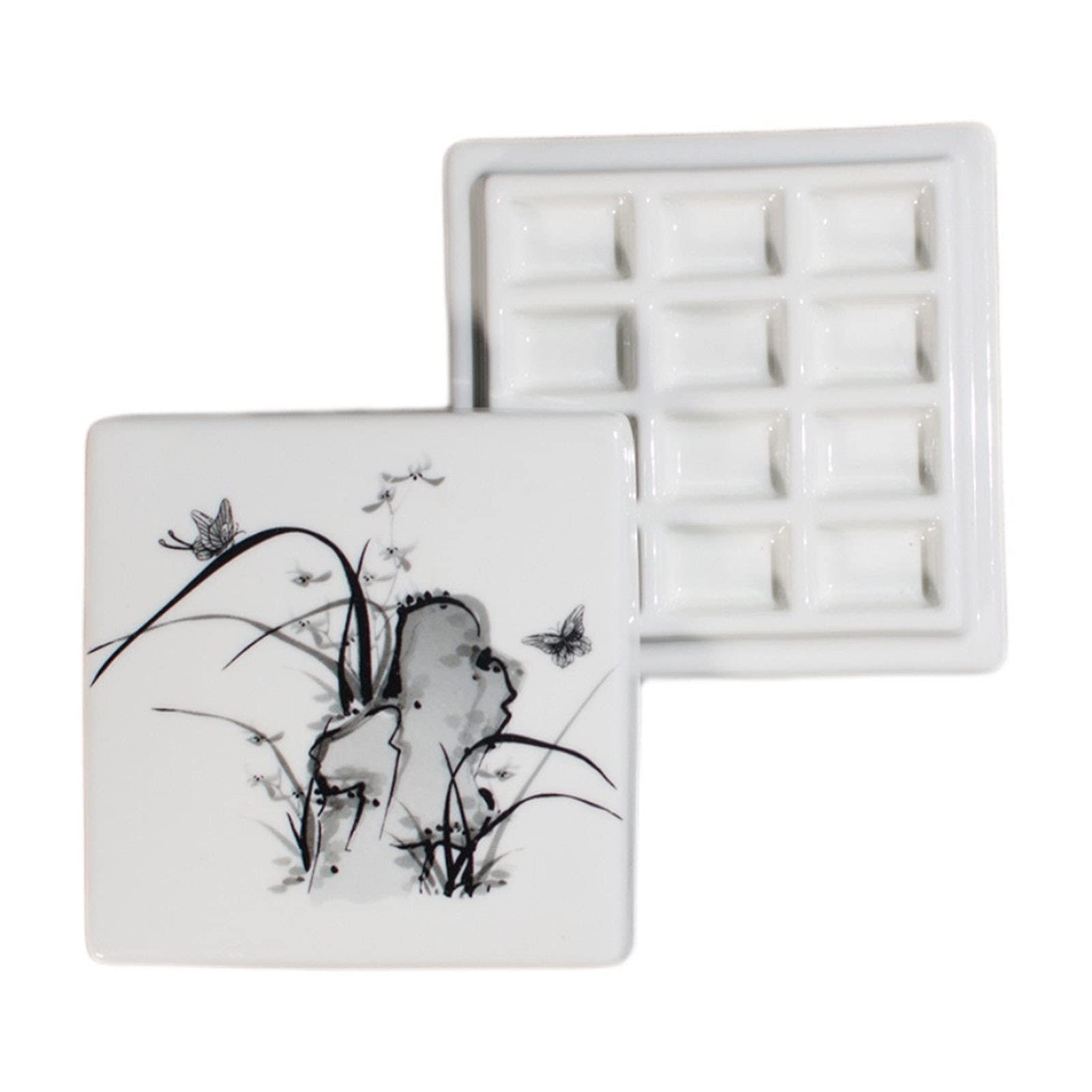 Porcelain Watercolor Paint Palette, Square Lidded Ceramic Paint Palett, 12-Hole(A)