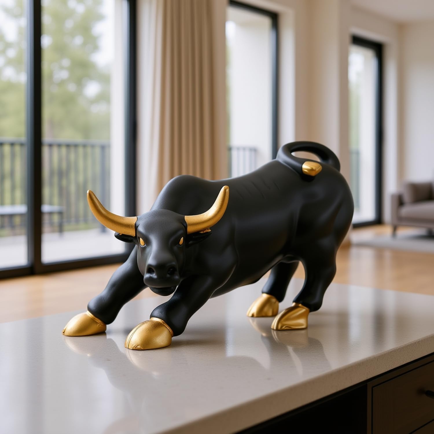 SkyKey Stock Market Bull 4" Home Décor Geometric Handicrafts Statue Resin Showpiece for Living Room Symbol of Wealth & Success Figurine for Gift, Home, Bedroom, Office Desk, Matte Finish Black-Gold