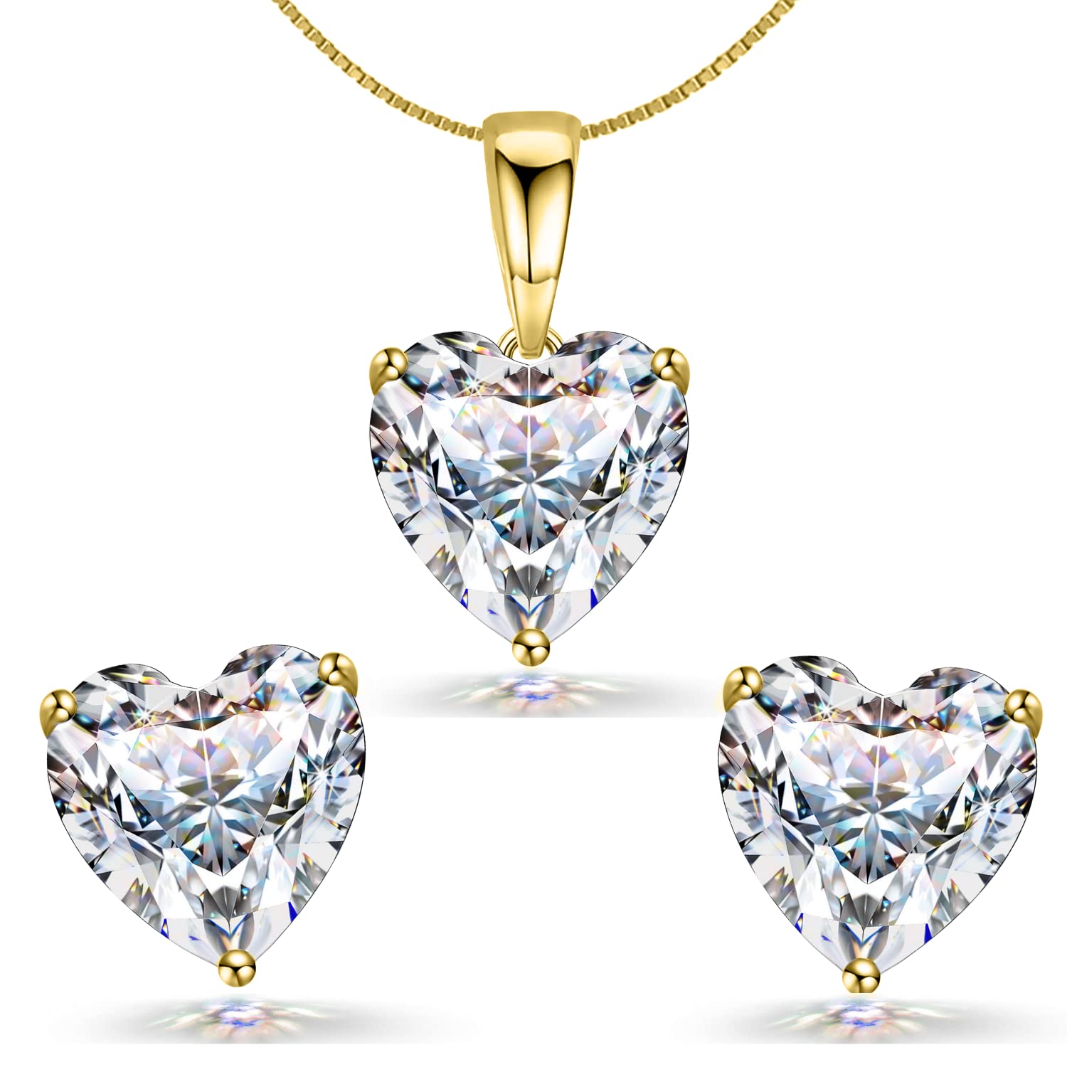 HighSparkGirl Solitaire Heart Earring Pendant Chain Set | 92.5 Sterling Silver & Pure Brilliance Swarovski Zirconia For That Stunning Shine | Lovely Gift - Heart Set Gold