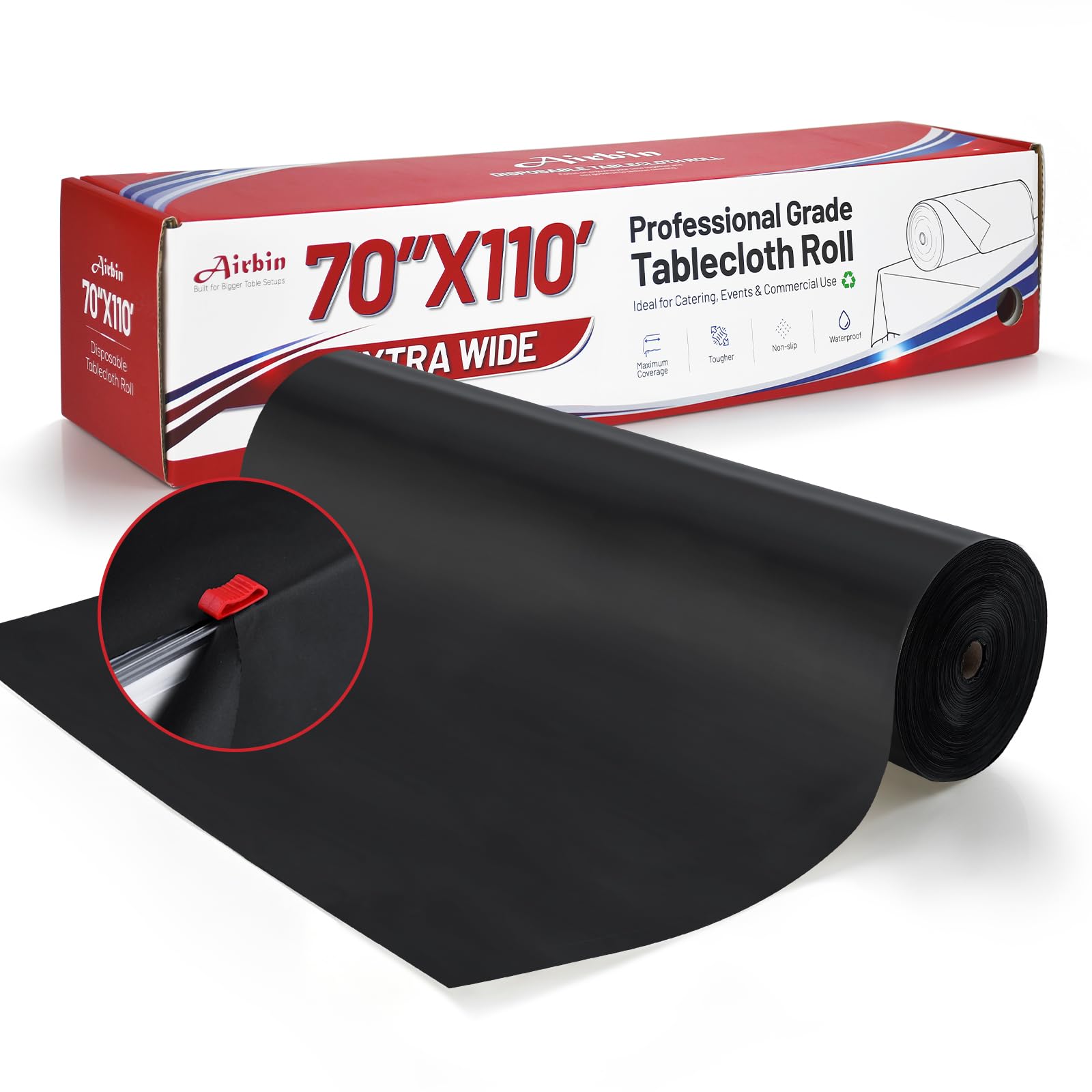 Plastic Table Cloth, 70 in x 110 ft Extra Wide Black Disposable Tablecloth