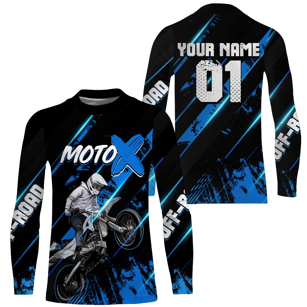 Motocross Racing Jersey Youth UPF30+ Off-Road Dirt Bike Shirt Blue Black MX Racing Motorcycle Riding Jersey Motox XM212 (Kid Jersey)