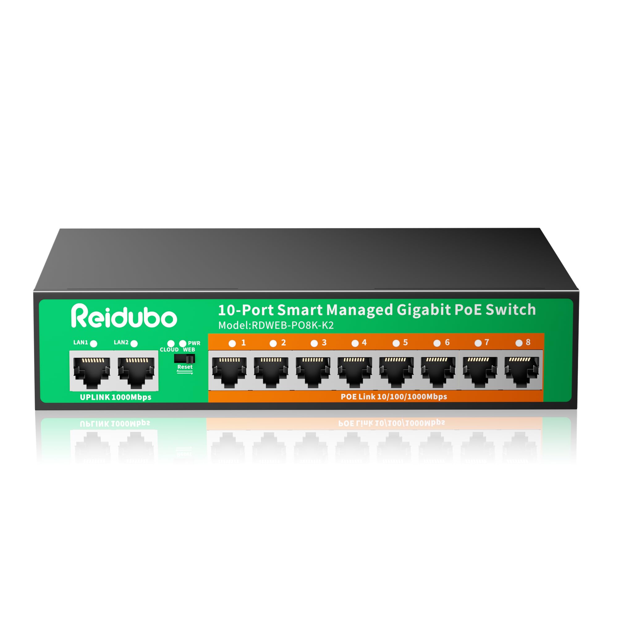 Commutateur PoE géré Gigabit à 10 ports, 8 ports PoE+ à 120 W avec liaison montante 2 Gigabit, IEEE802.3af/at, VLAN, planificateur PoE, sans ventilateur, Plug and Play, commutateur Ethernet en métal