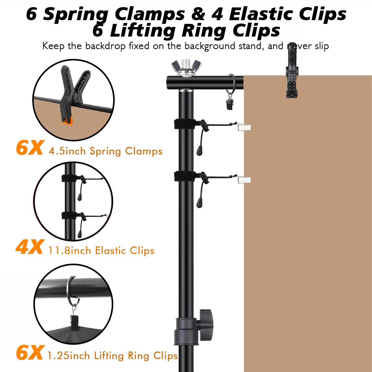 Support de Fond Réglable 2.6m*3 m avec 4 Barres transversales, 4 Clip Fort,2 Sacs Noirs,et 1 Sac de Transport pour Photographie Portrait & Studio, Diffusion en Direct, Mariage