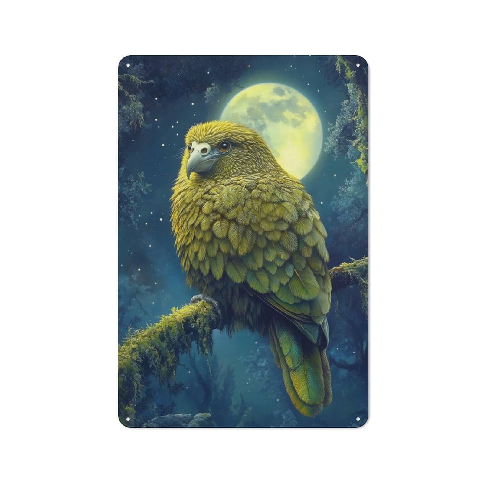Junmoney Style-14 Rustic Tin Sign 30X20cm Featuring Kea Parrot Under Moonlight For Garage Or Workshop, For Garage, Workshop And Man Cave Decoration