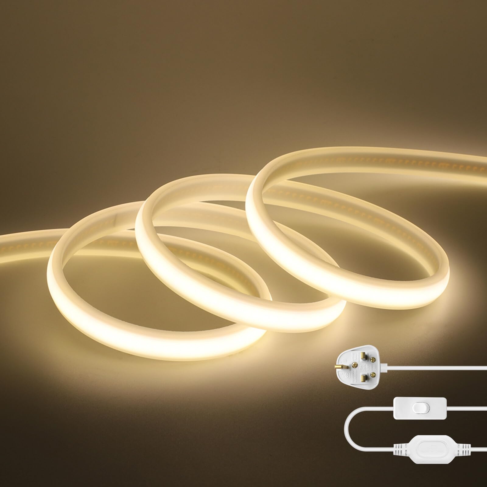 KAFULA 220V COB LED Strip with On/Off [13m, Natural White 4000-4500K], IP65 Waterproof Flexible, 288 LEDs/M Cuttable FCOB LED Neon Strip CRI85+, Home/Store Lighting Decoration — image 1
