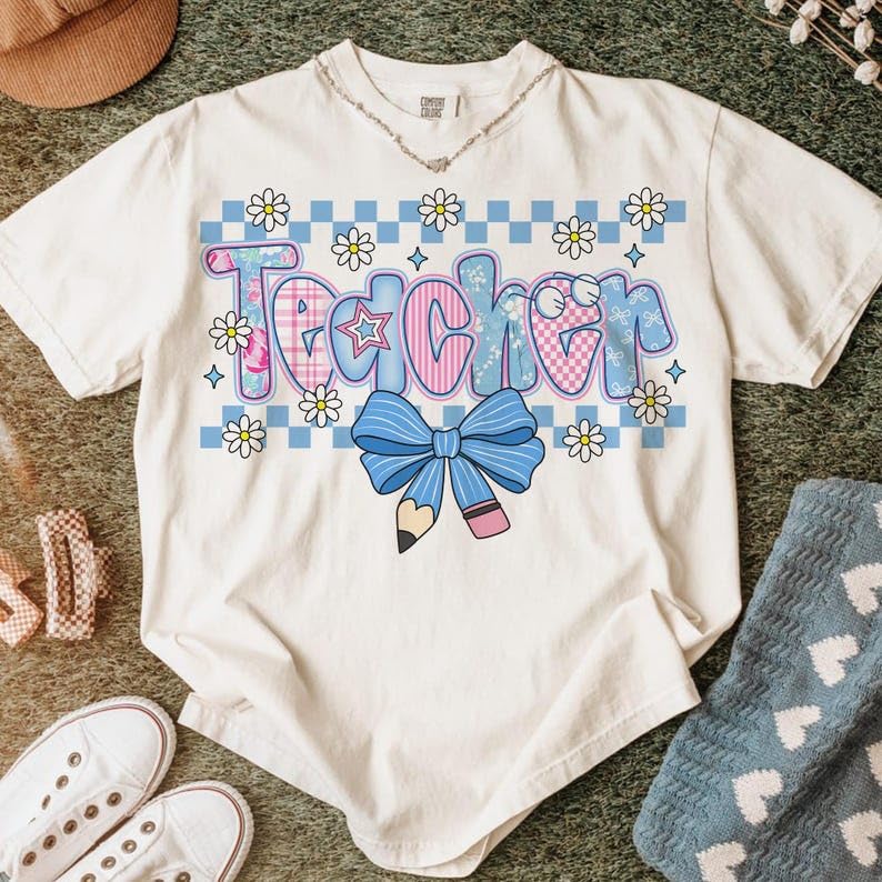 Coquette Teacher T-Shirt, Retro Girly Teacher Shirt, Gifts for Women, Back to School Gifts for Women, Teacher Outfits White3