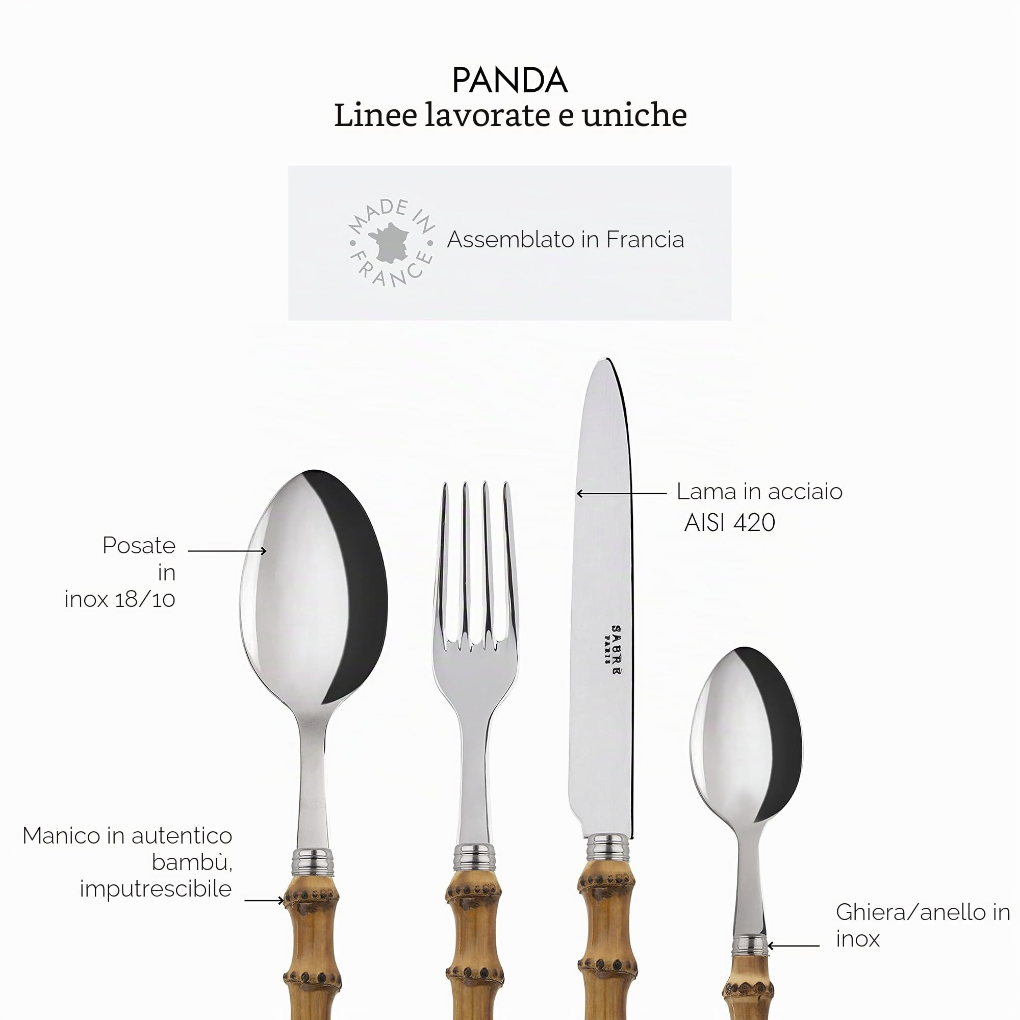 SABRE PARIS - Posate da tavola 4 pezzi - Panda - Coltello, forchetta, cucchiaio e cucchiaino - Acciaio inossidabile e vero bambù - Bambù chiaro