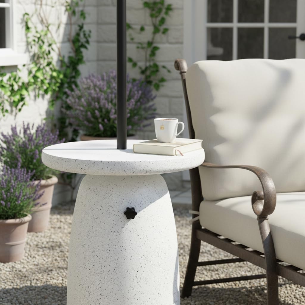 Christopher Knight Home Ogla 22'' MGO Outdoor Patio Side Table Umbrella Base, Heavy Duty Patio Umbrella Stand Outdoor Base with Hand-Turn Tightening Knob, Small Patio Coffee Table, White Marble