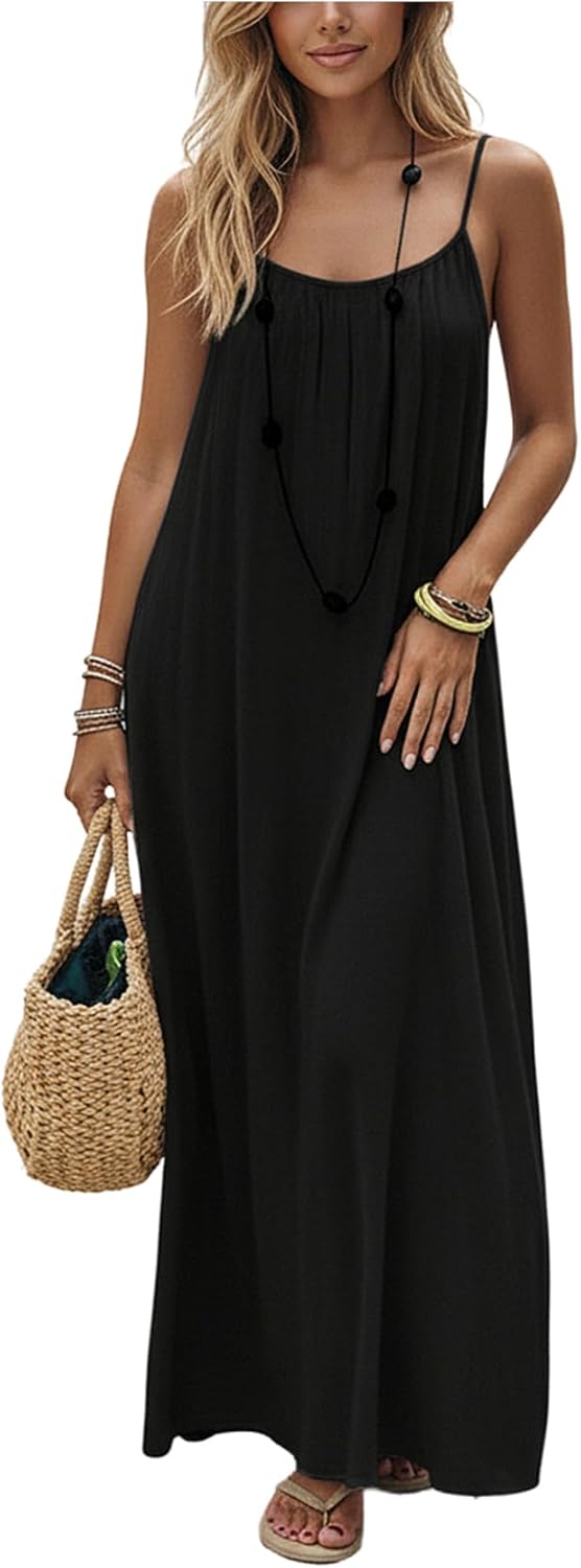 SHENHE Women's Open Back Spaghetti Strap Beach Maxi Dress Loose Flowy Vacation Sundress
