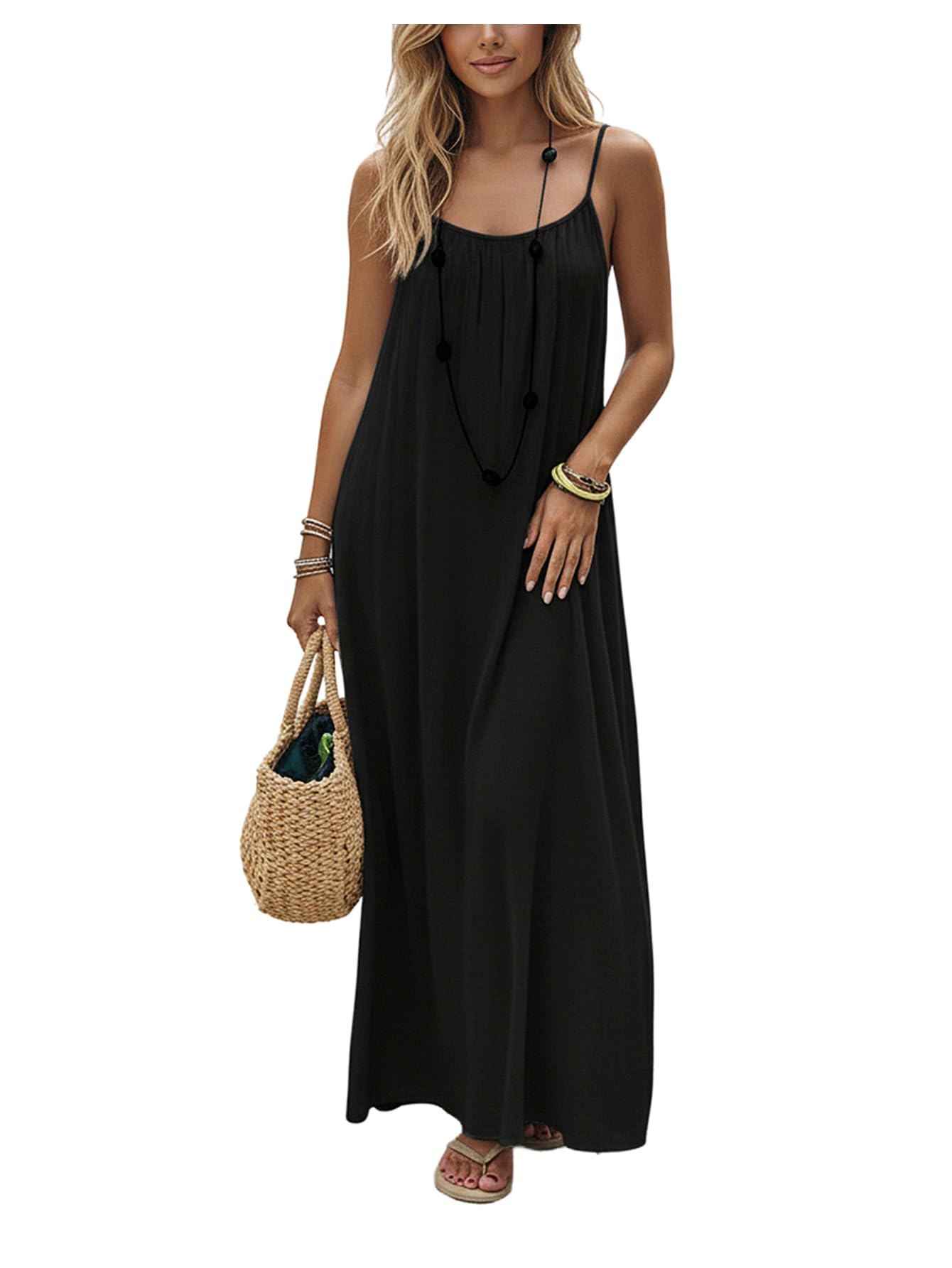 SHENHE Womens Open Back Spaghetti Strap Beach Maxi Dress Loose Flowy Vacation Sundress