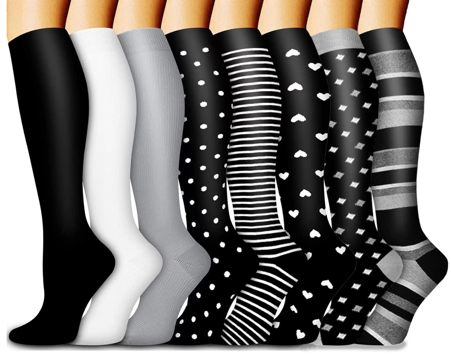 8 Paires Bas de Contention Femme Homme Chaussettes de Compression (15-20 mmHg) Chaussettes de Contention pour sport Vols Voyages Infirmiere course cyclisme