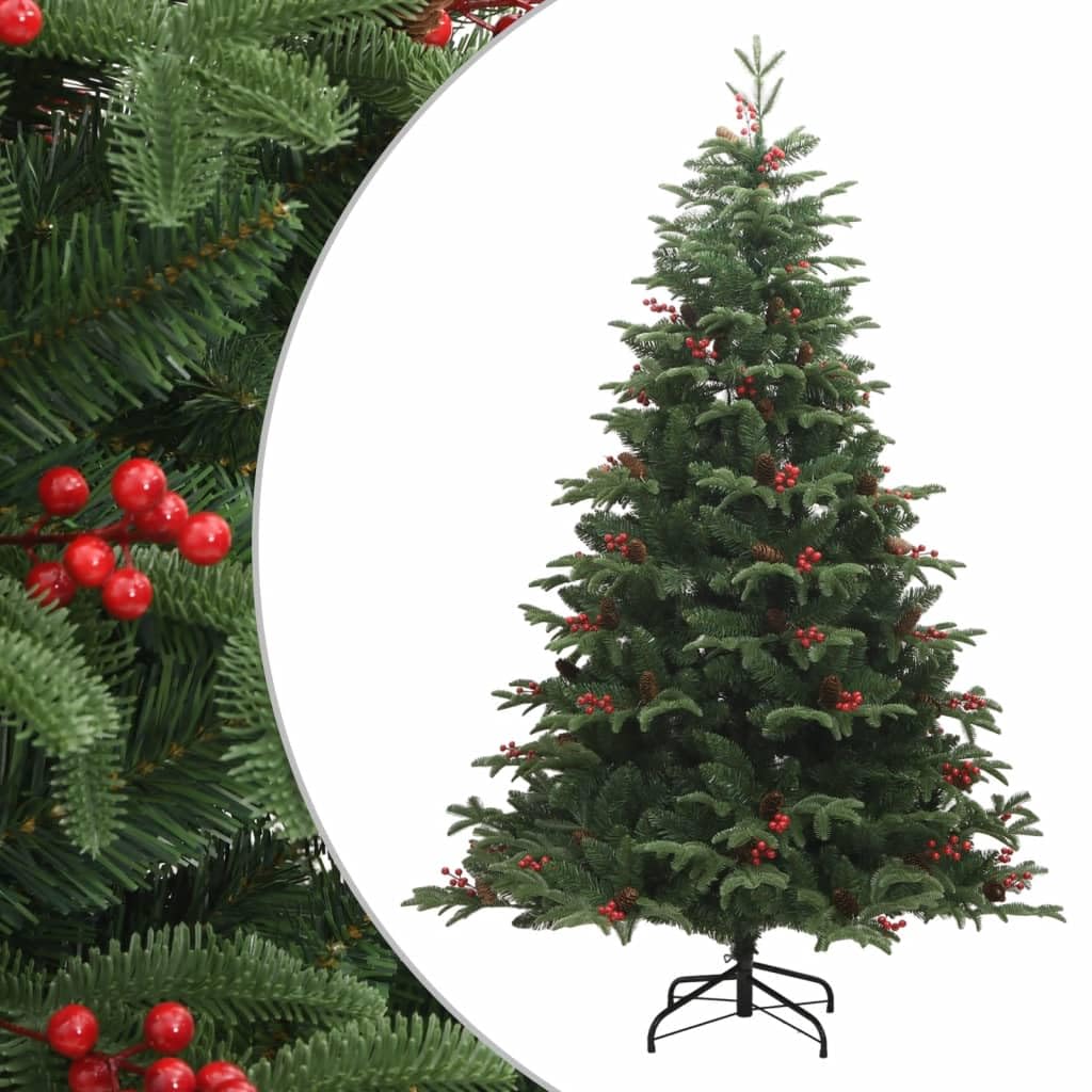 Árbol de Navidad artificial plegable de 210 cm con puntas de polietileno, piñas y bayas rojas, incluye soporte de hierro resistente para un fácil montaje y aspecto natural