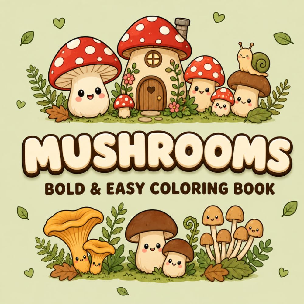 Mushrooms: Bold And Easy Coloring Book — 40 Big, Simple Mushroom Designs for Relaxation | For Adults, Seniors, Teens & Kids
