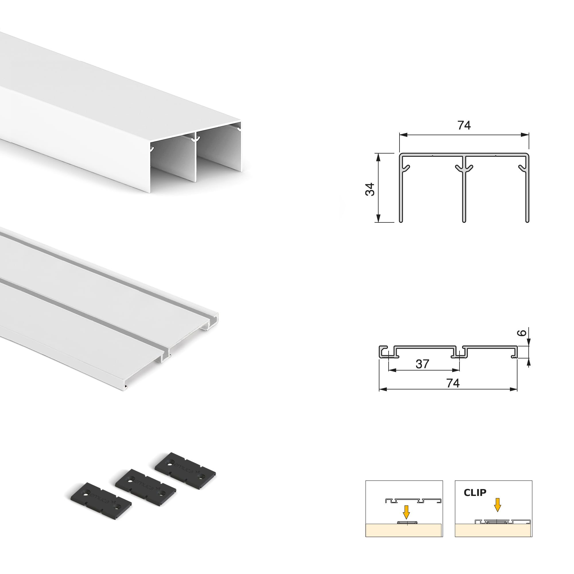 Emuca - Système coulissant pour armoires, 2 portes avec profils Sharp, épaisseur 19mm, fermeture amortie, panneaux non incluses, Peint en blanc