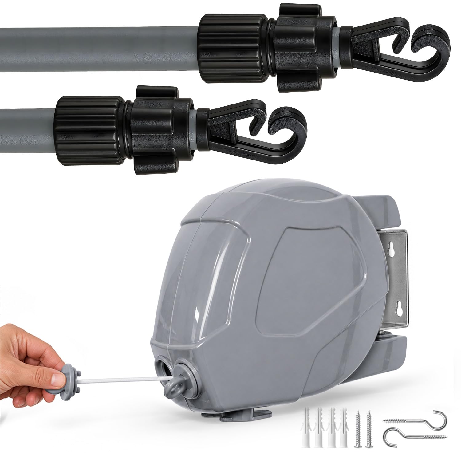 2 x 2.6M Telescopic Washing Line Props + 30M Retractable Washing Line Grey